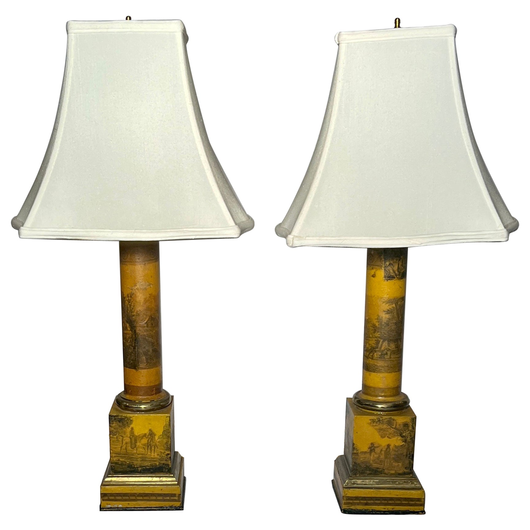 Pair Antique Chinoiserie Tole Lamps with "Transfers" Circa 1910.  For Sale