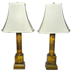 Pair Antique Chinoiserie Tole Lamps with "Transfers" Circa 1910.
