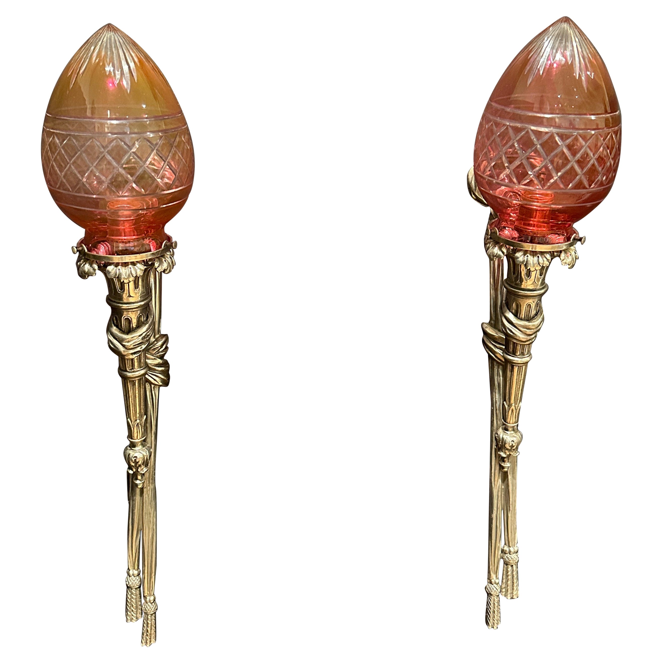 Pair Of Silvered Bronze Torch Form Sconces For Sale