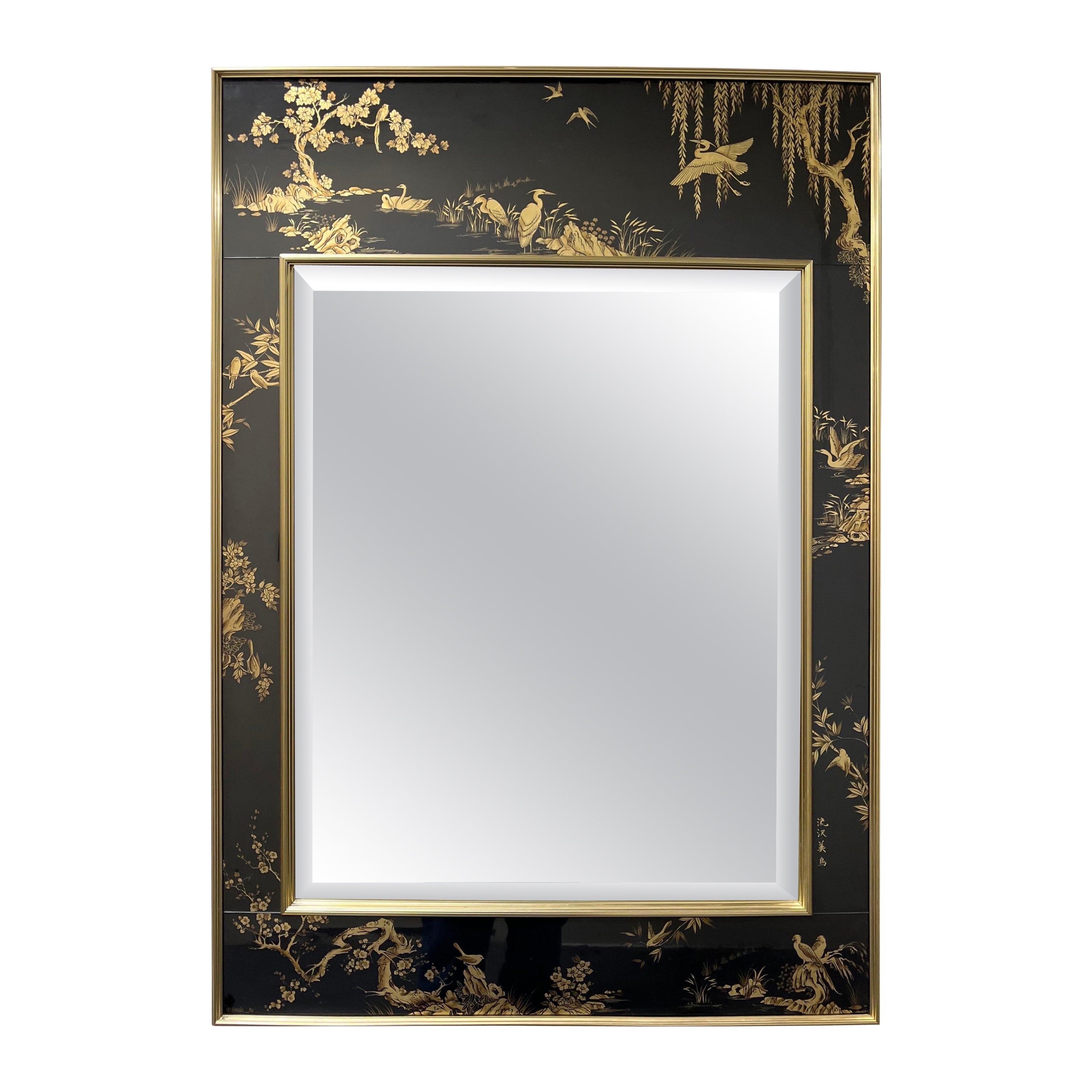 La Barge Eglomise Chinoiserie Mirror with Rare Black Background For Sale