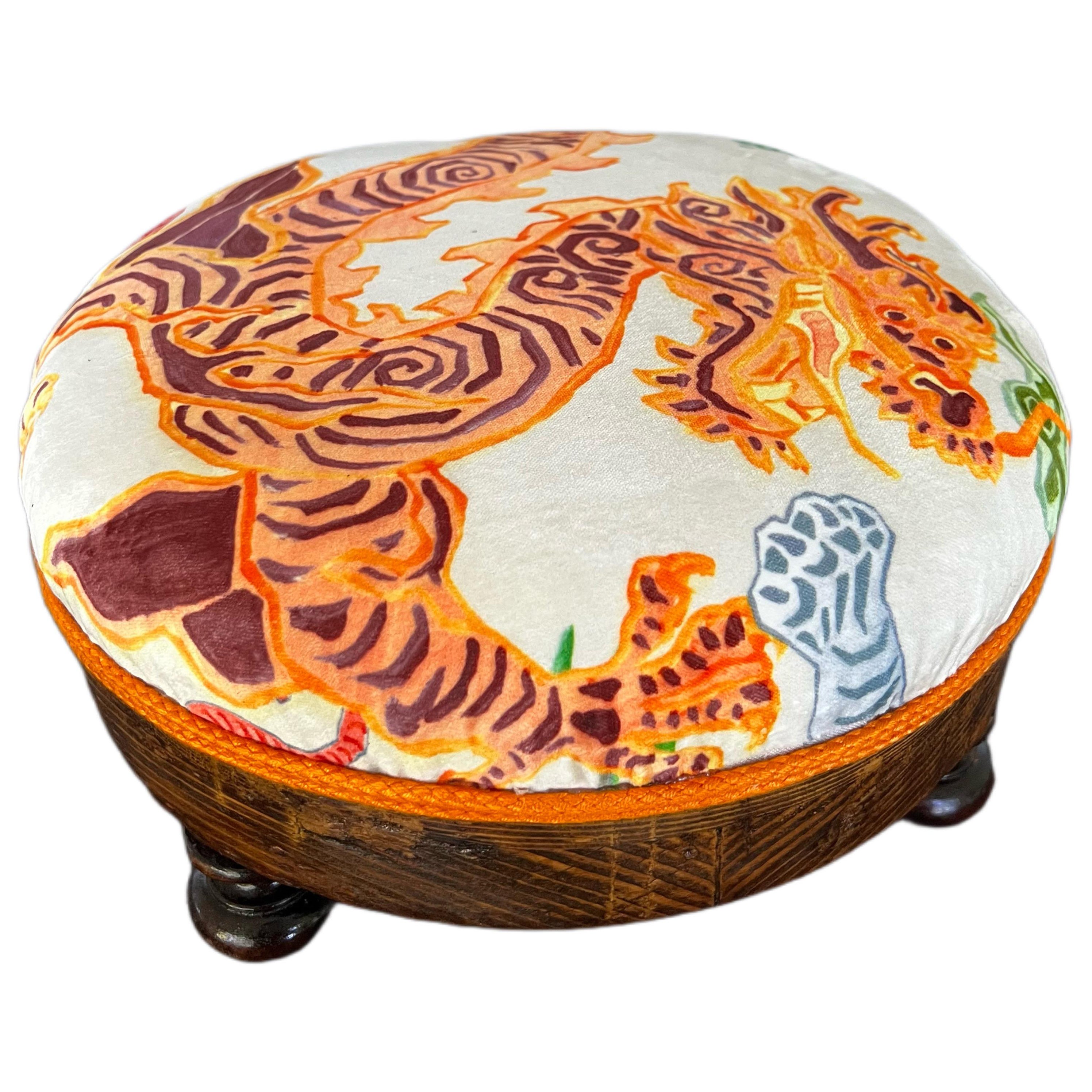 Refinished Antique Small Round Footstool with Asian Velvet Dragon  
