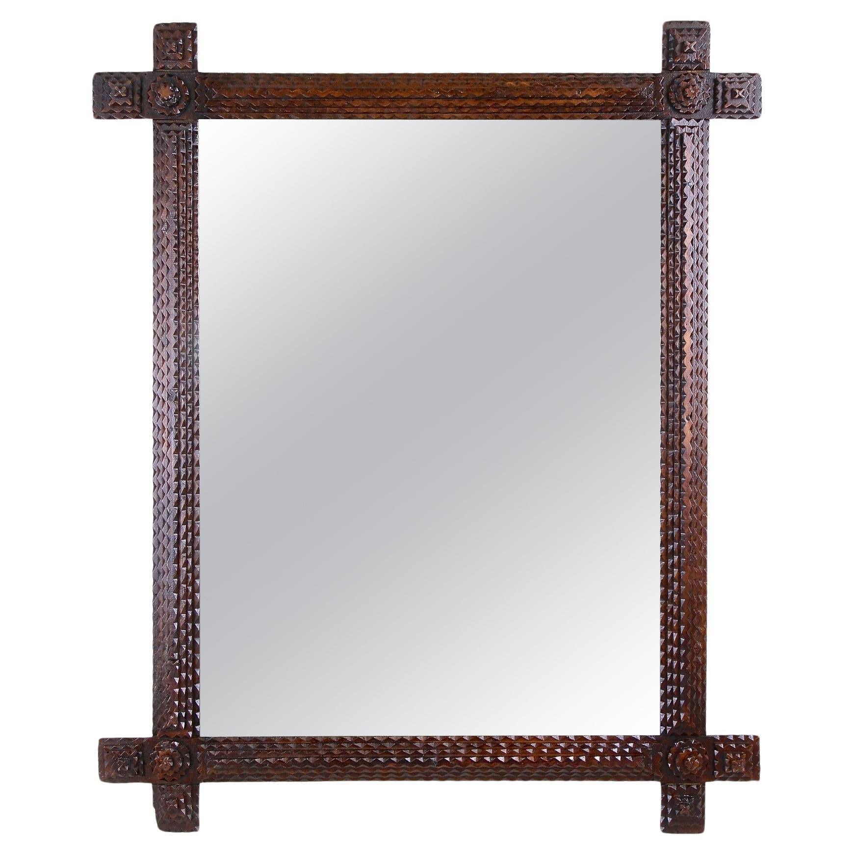 Tramp Art Rustic Wall Mirror, 19th Century - Hand Carved Basswood, AT ca. 1880 For Sale