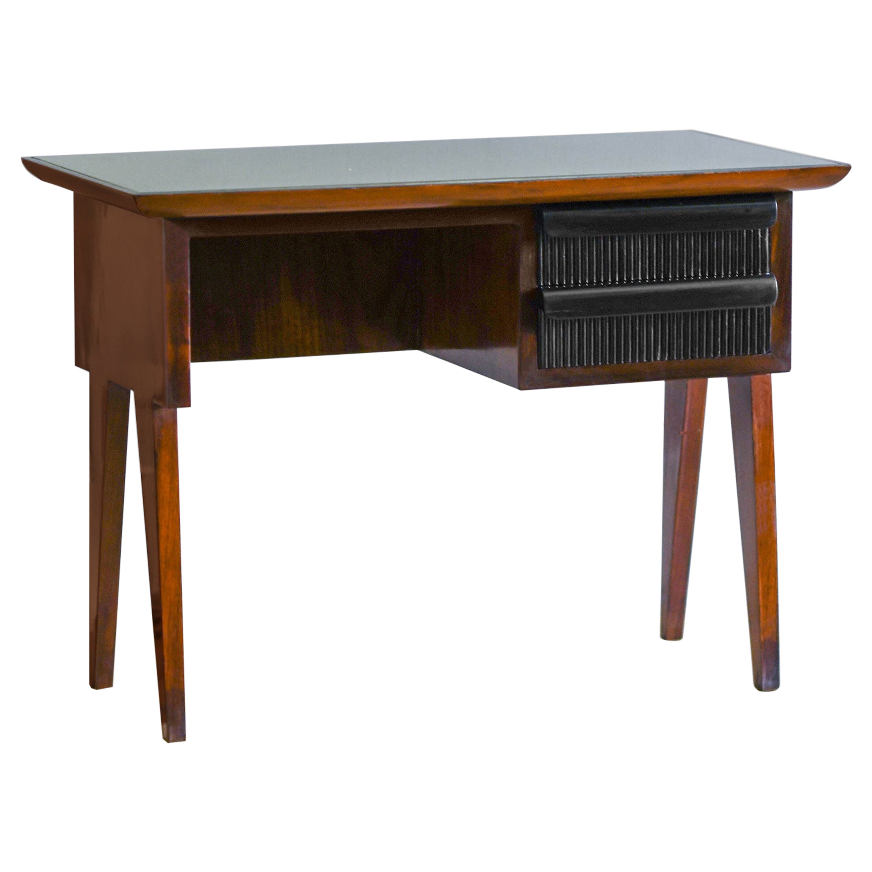 Wooden console with colored glass top and drawers, Italy 1960
