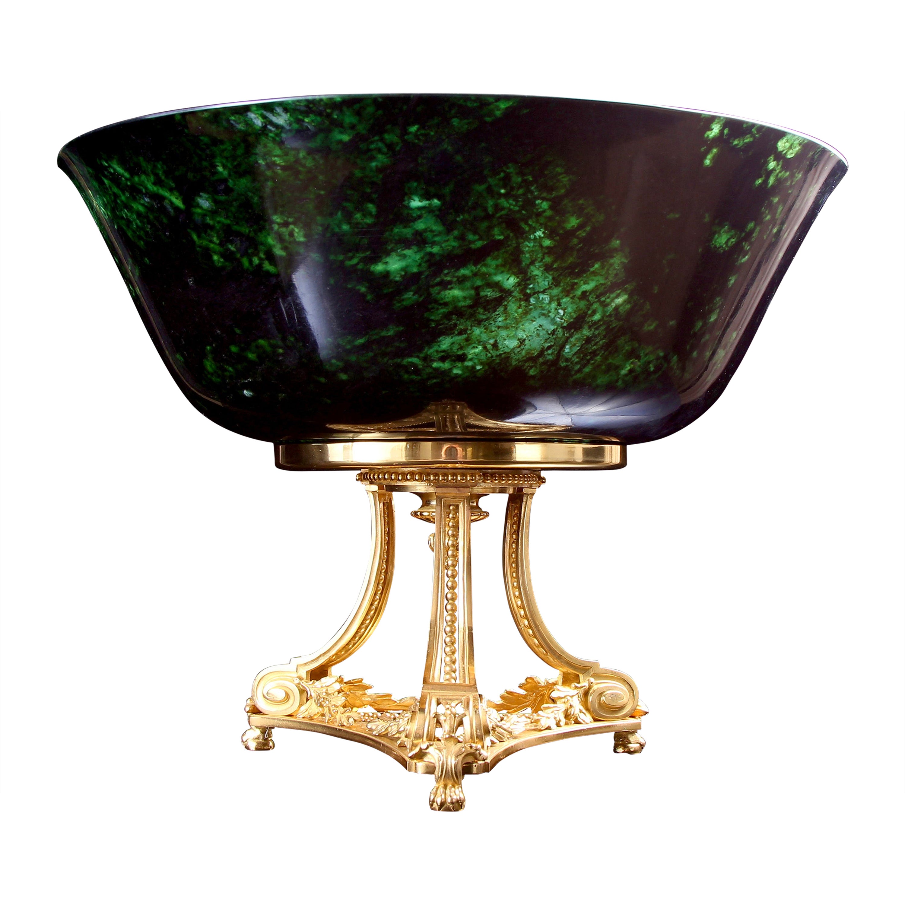 18th Century Qianlong Spinach Green Jade Bowl On 19th Century Gilt Bronze For Sale