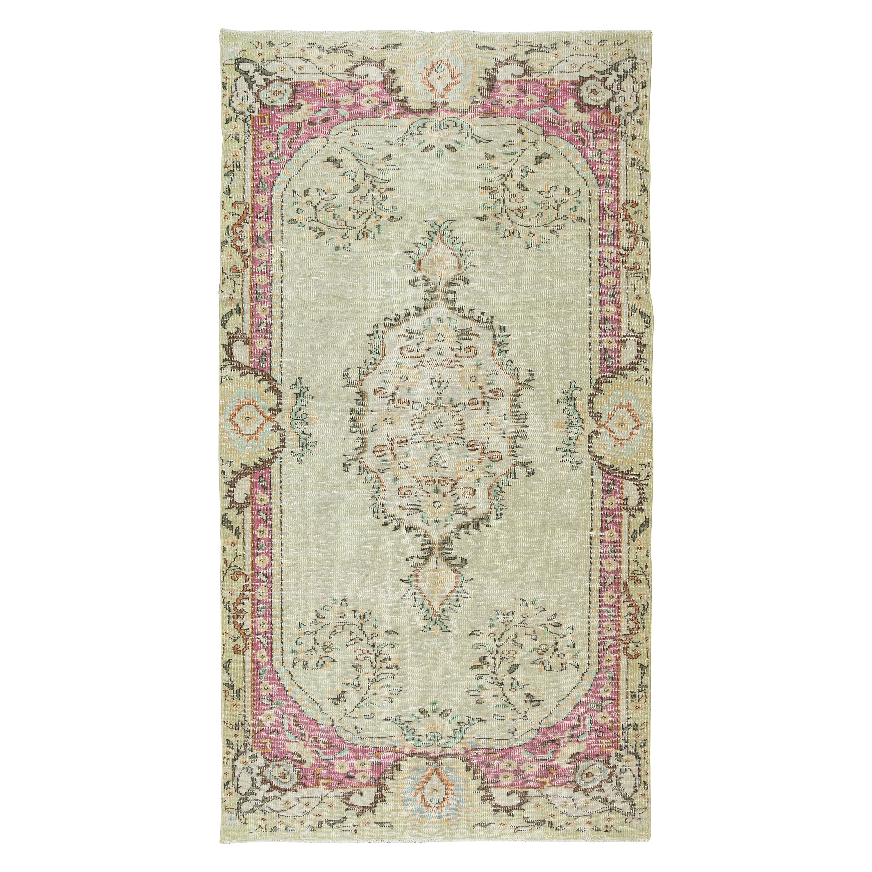 5.2x9.7 Ft Turkish Vintage Wool Area Rug, Light Green & Pink Handmade Carpet For Sale