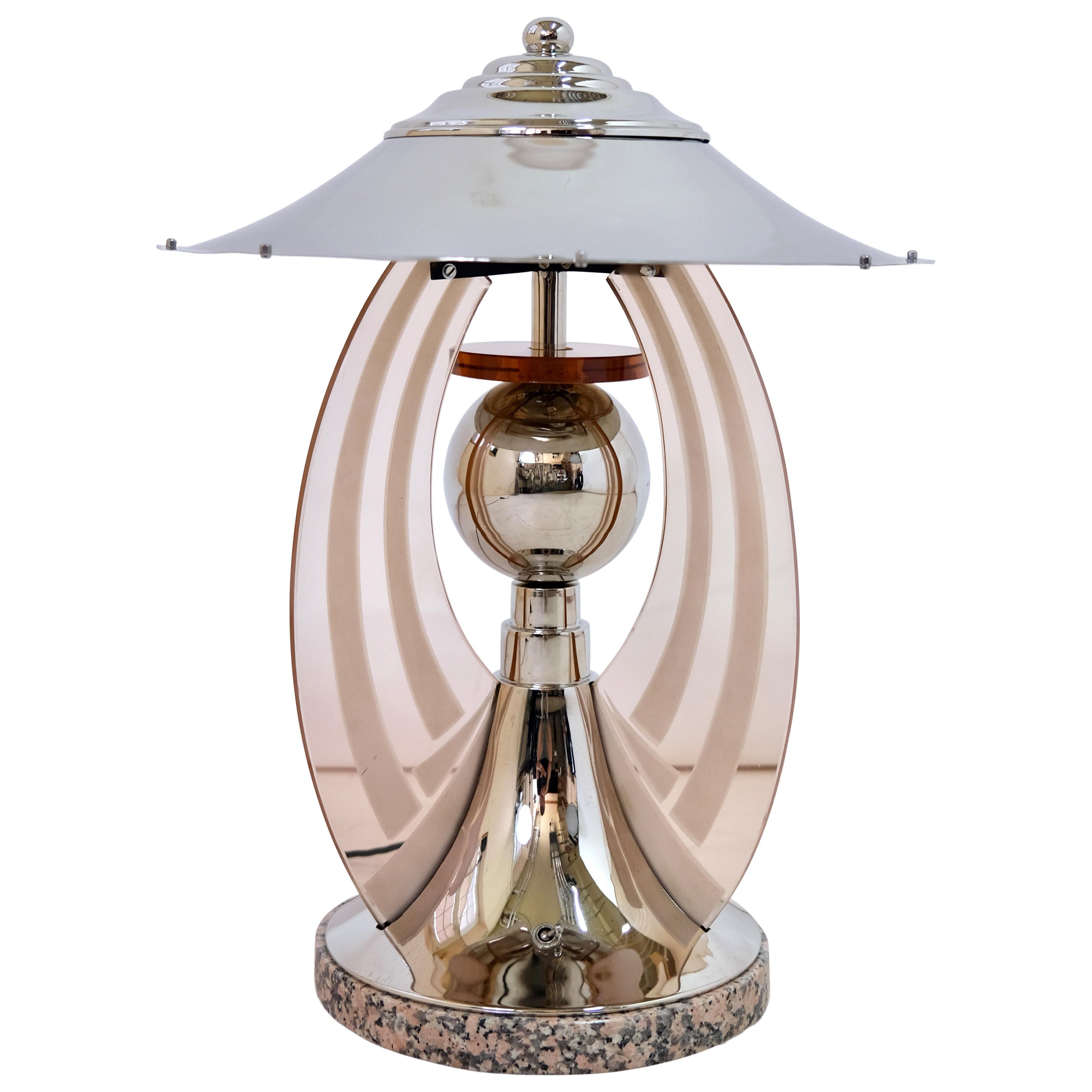 French Art Deco Round Chromed Table Lamp with Rosaline Colored Glass Arches For Sale