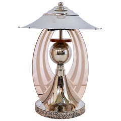 Antique French Art Deco Round Chromed Table Lamp with Rosaline Colored Glass Arches