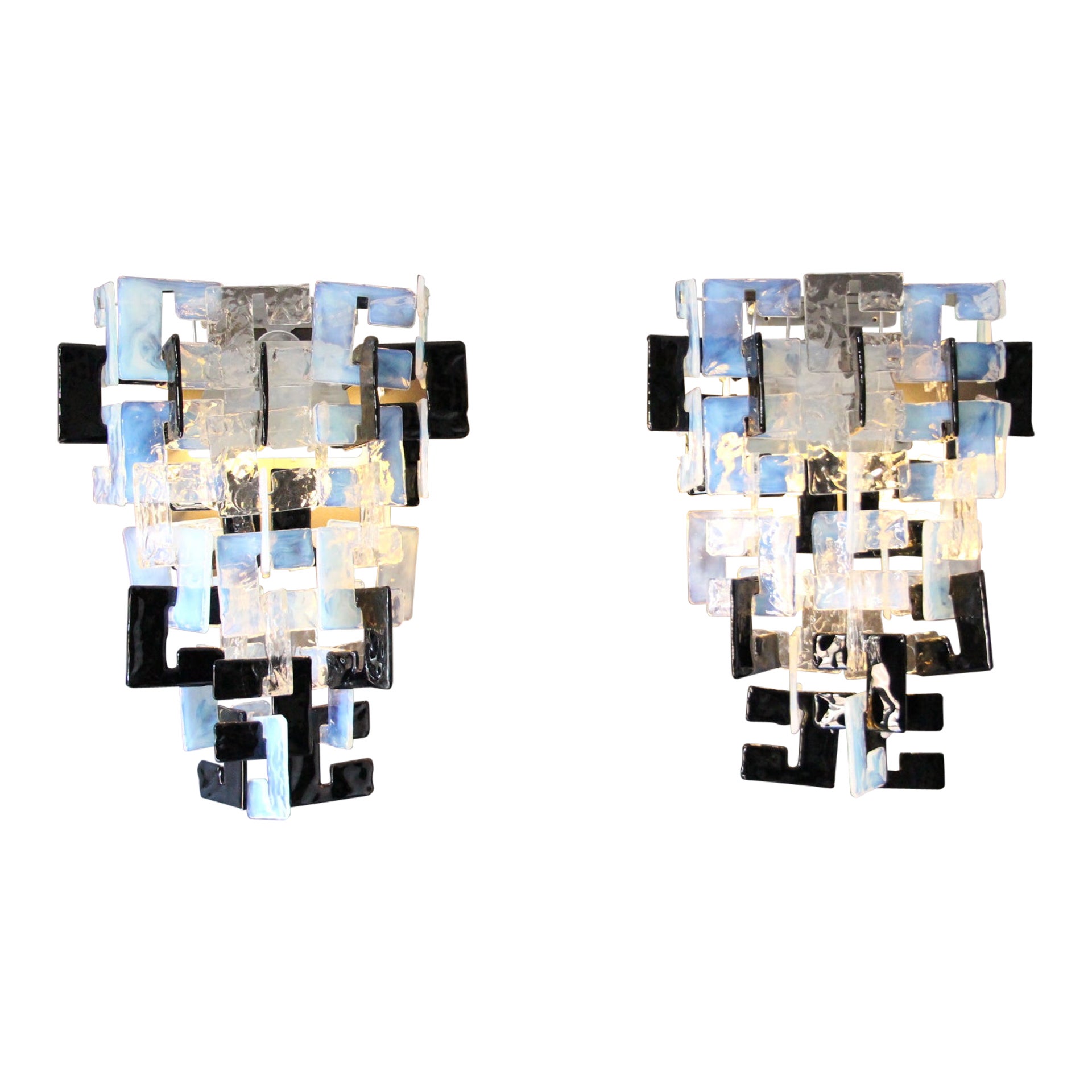 Mazzega Long Interlocking Sconces in Opalescent, Crystal and black Glass  For Sale
