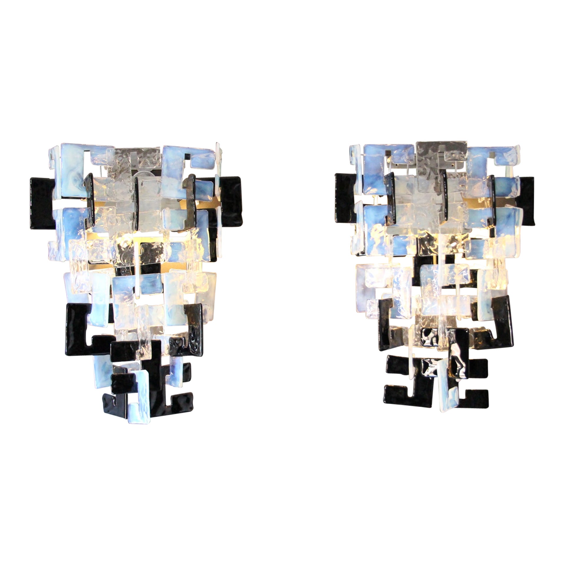 Mazzega Long Interlocking Sconces in Opalescent, Crystal and black Glass For Sale