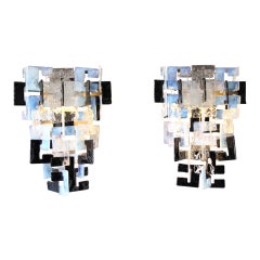 Retro Mazzega Long Interlocking Sconces in Opalescent, Crystal and black Glass 