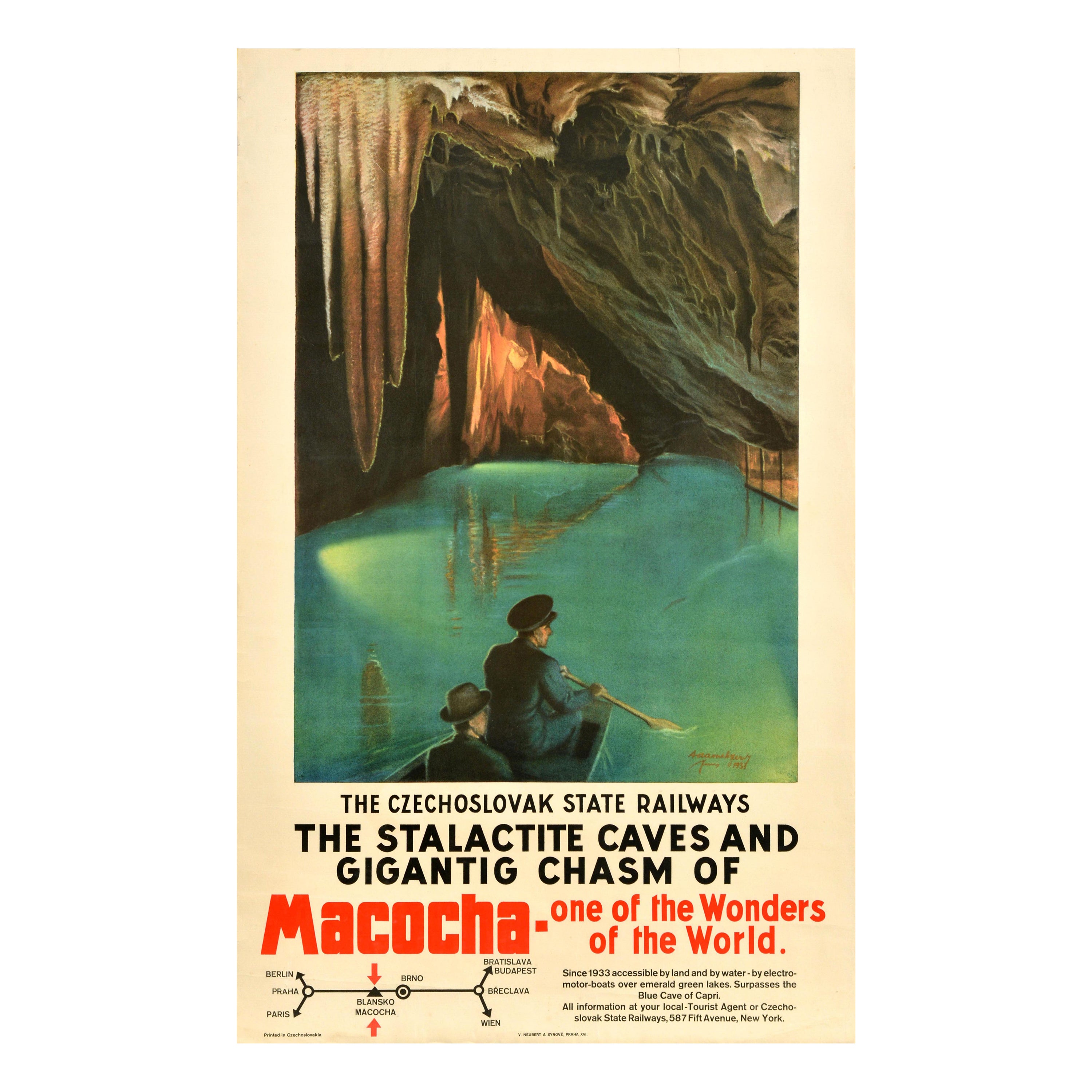 Affiche vintage originale de voyage en train, Macocha Cave, Tchécoslovaque State Railways