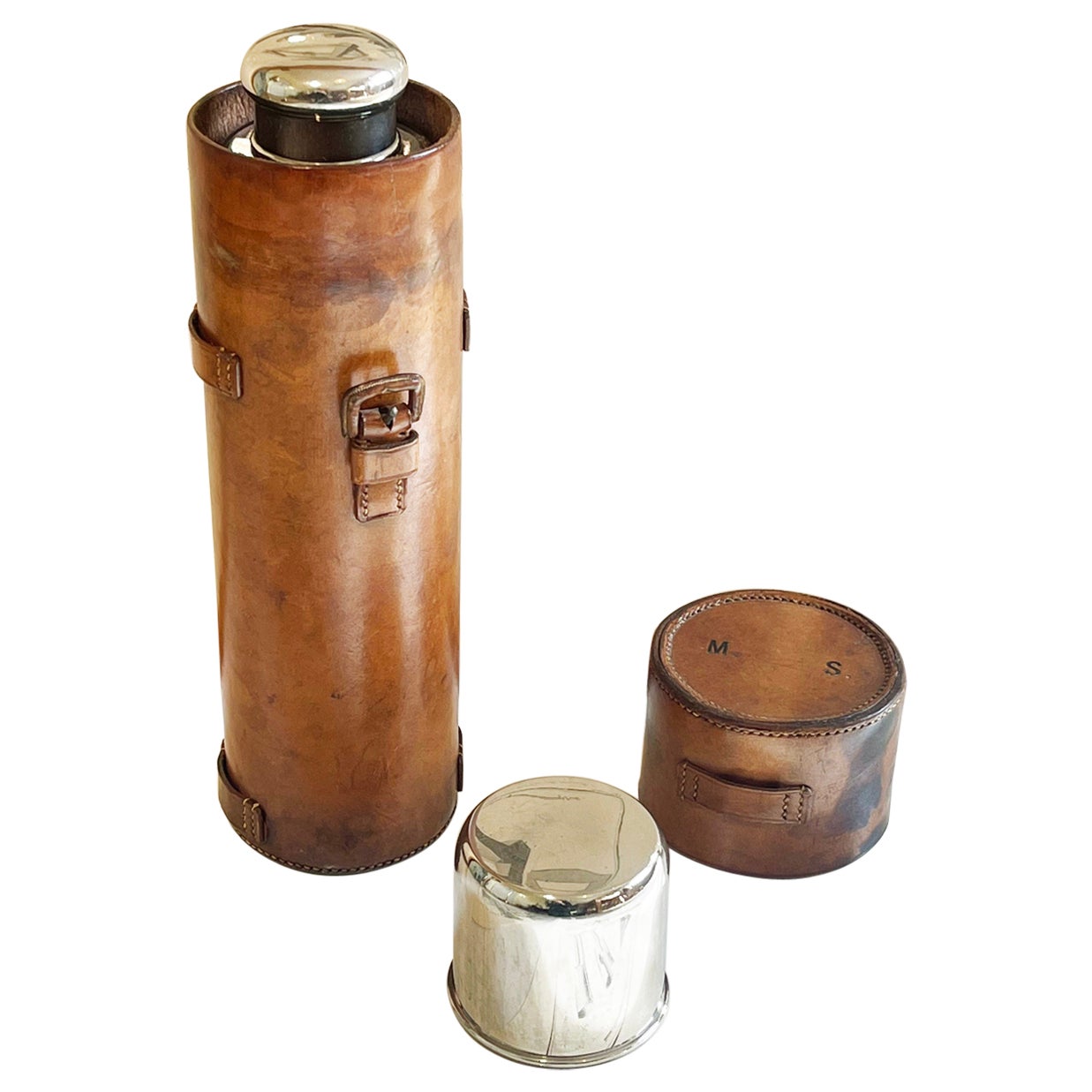 Drew & Sons Picadilly Circus Hunting Travel Flask Leather, Chrome Glas ca. 1900  For Sale
