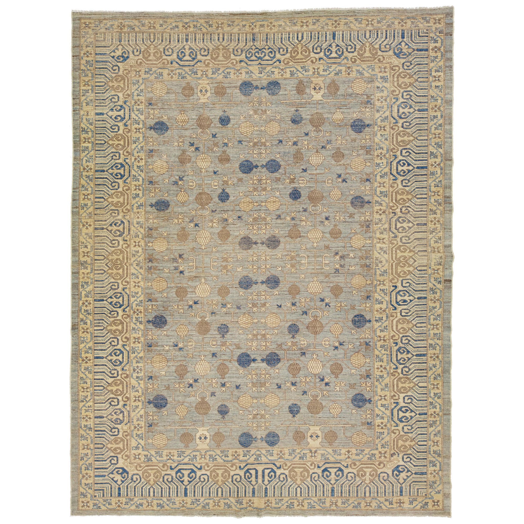 Geometric Modern Khotan Style Handmade Wool Rug In Light Blue For Sale ...