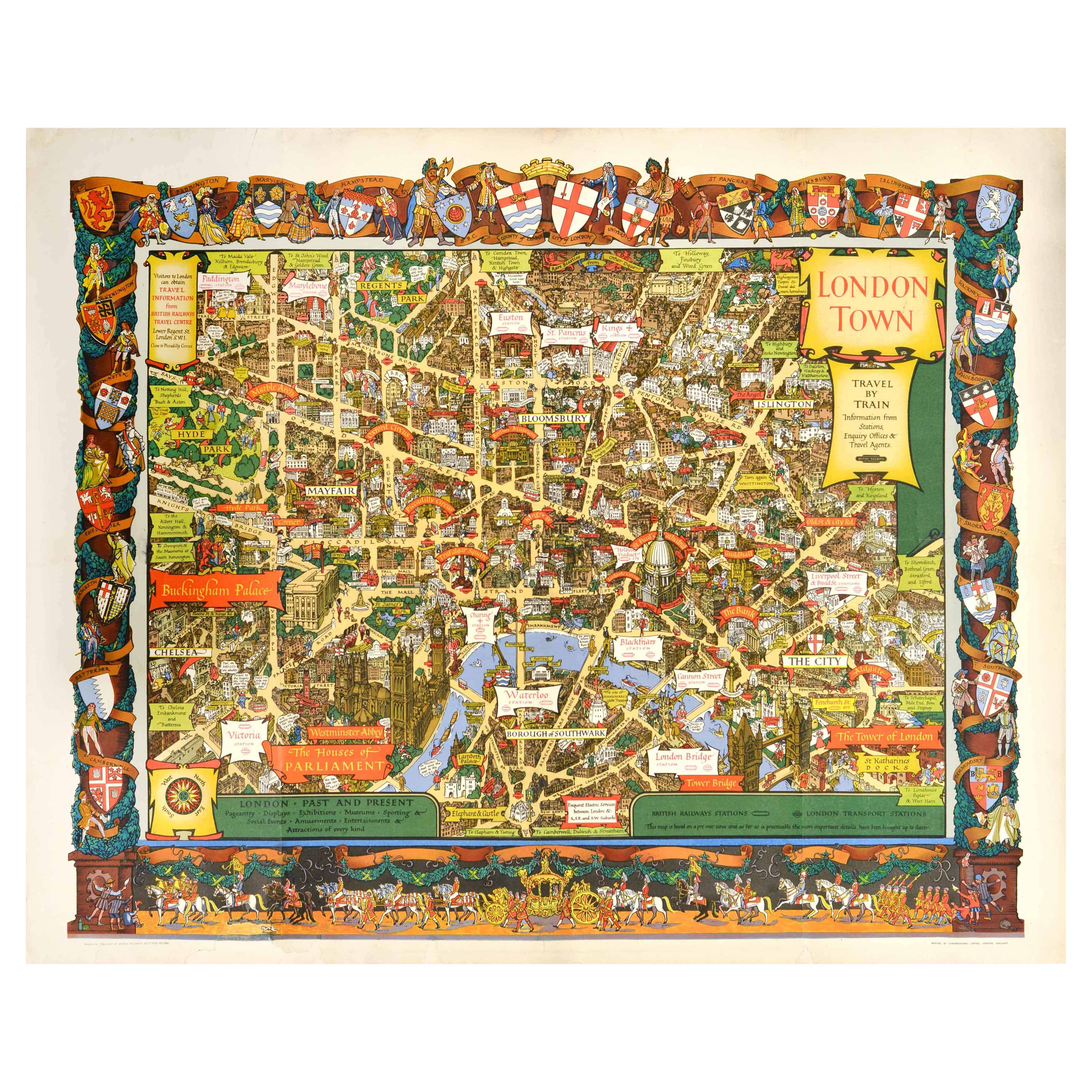 Original Vintage Travel By Train London Town Pictorial Map Poster Kerry Lee For Sale