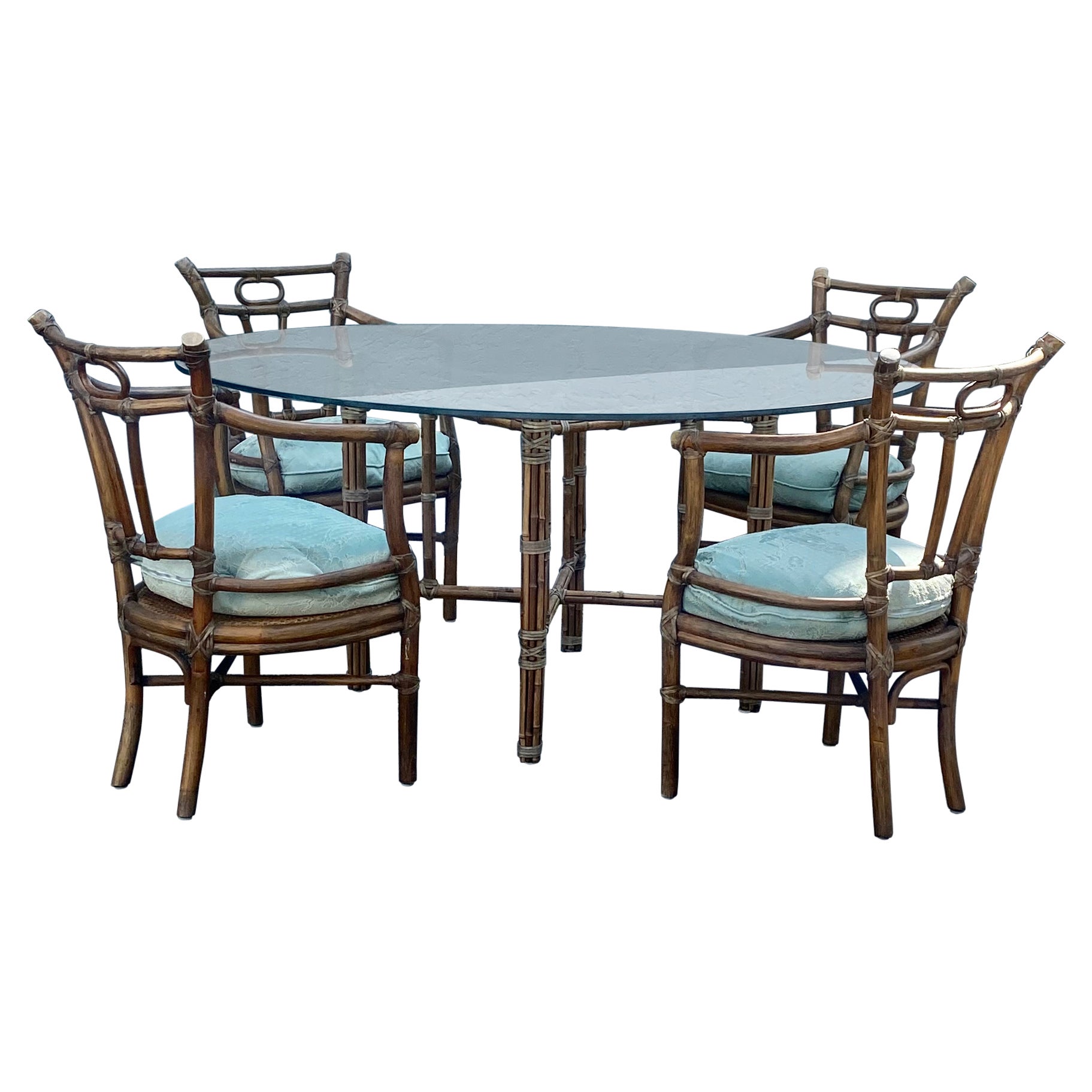 1970s McGuire Rattan Chinoiserie Down Round Glass Dining Set of 5 en vente