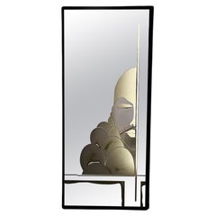 Italian mid-century Wall mirror with backlit design in black wooden frame, 1950s