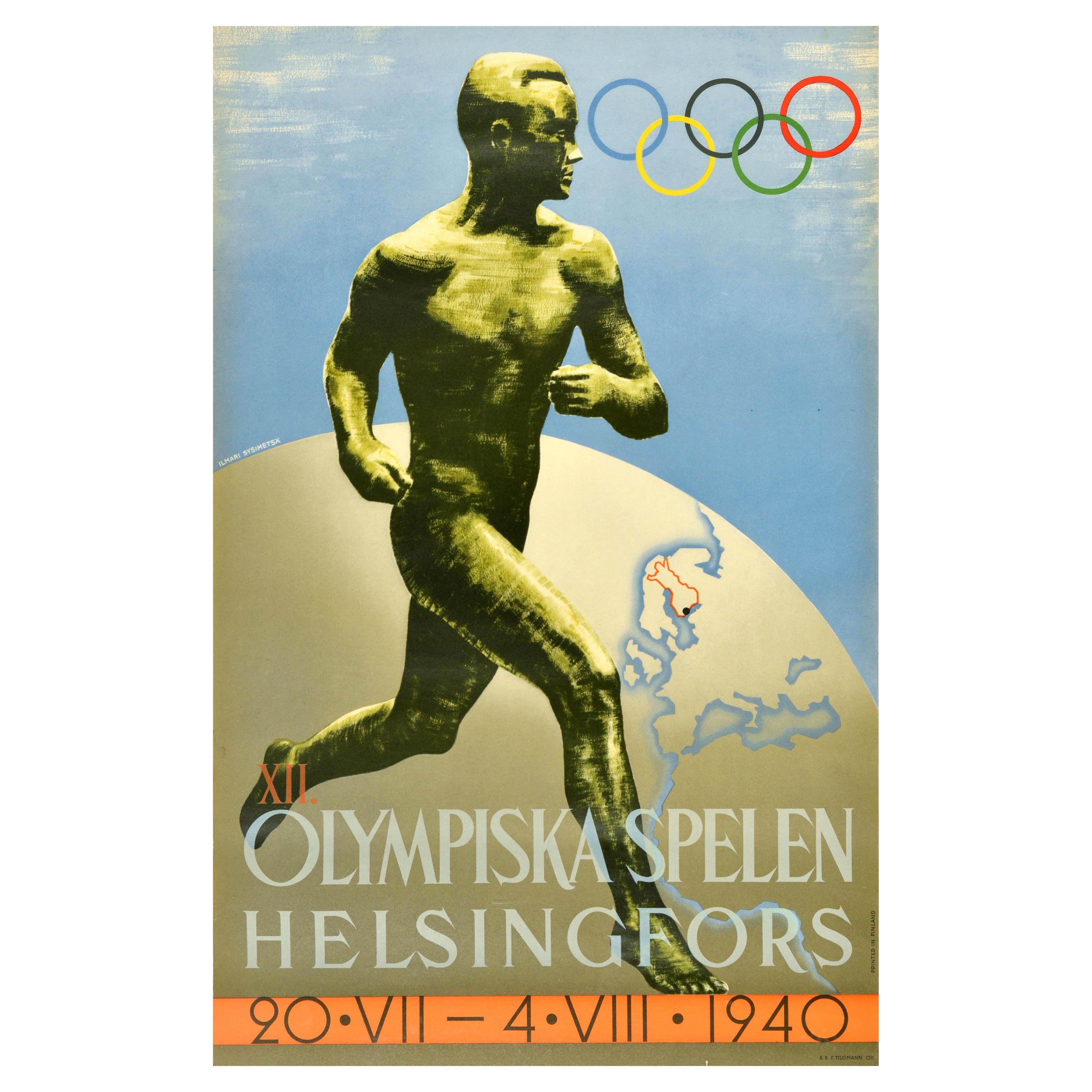Original Vintage Sports Poster Olympic Games Helsinki 1940 Finland Athlete For Sale