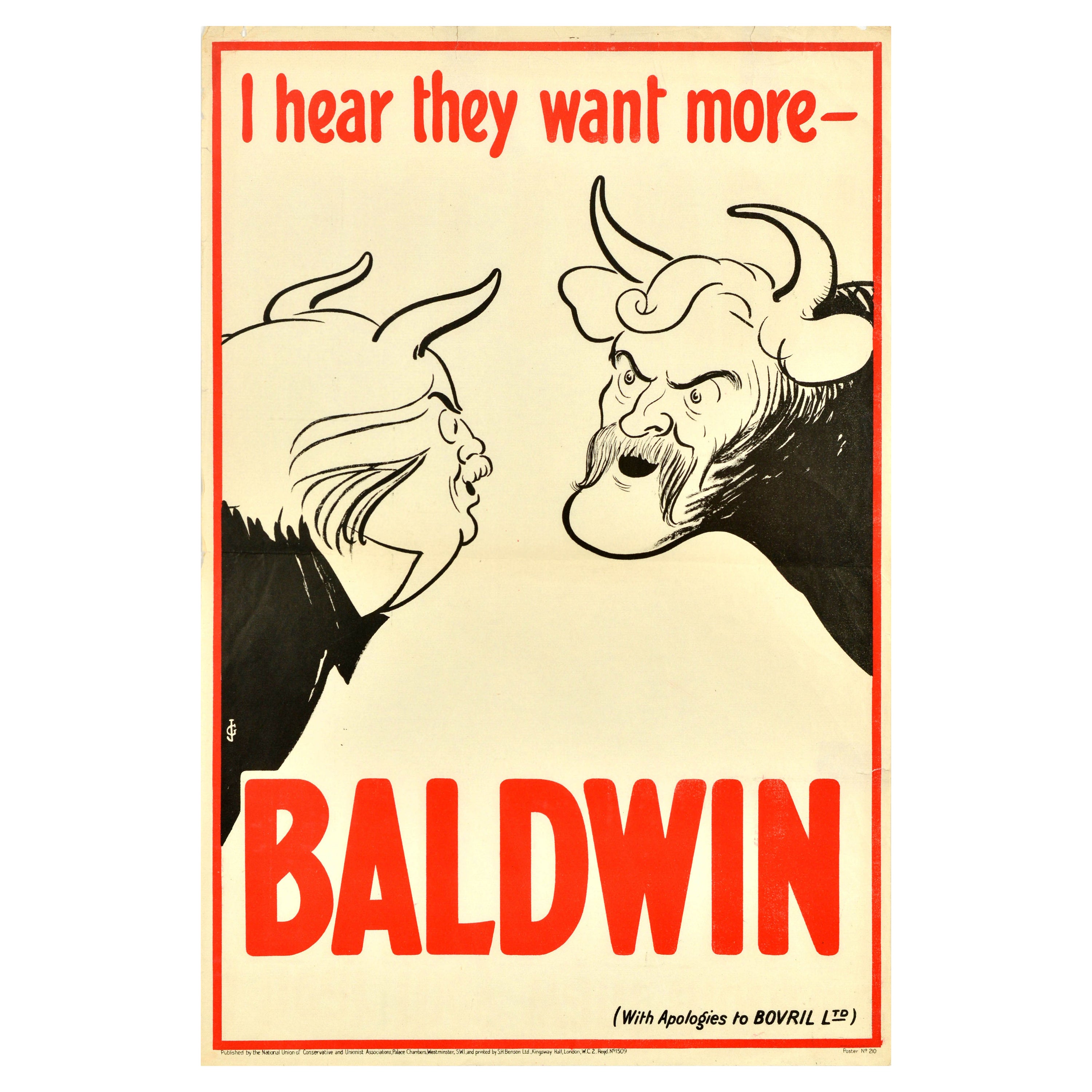Original Vintage Cartel de Propaganda Política Baldwin Bovril Elecciones Británicas