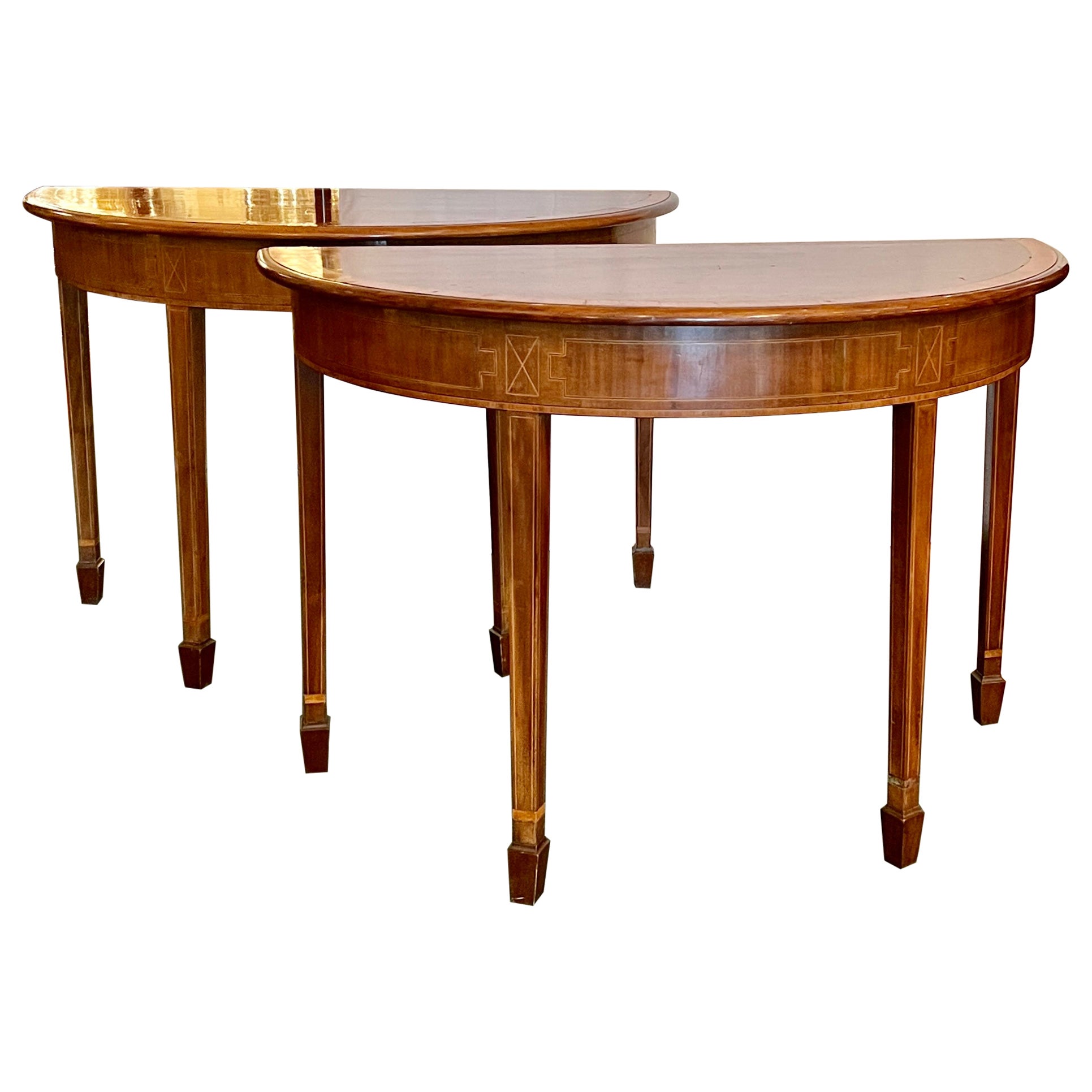 Pair Antique 19th Century English Mahogany Console Tables with Satinwood Inlay.