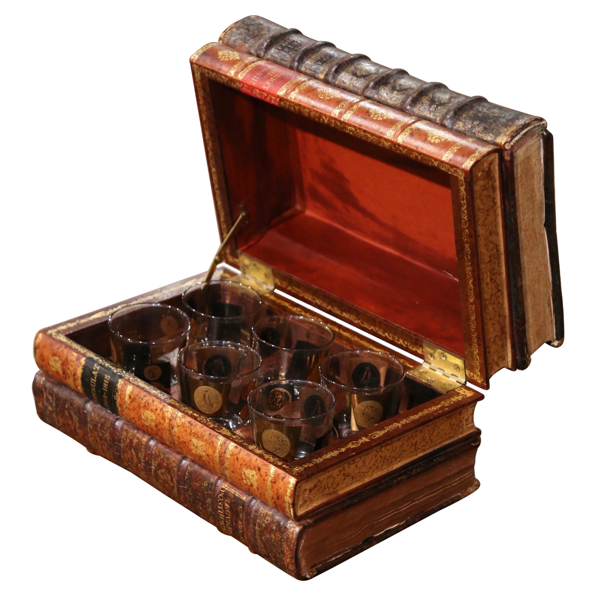 Mid-19th Century French Leather Bound Book Box with Six Old Fashioned Glasses For Sale