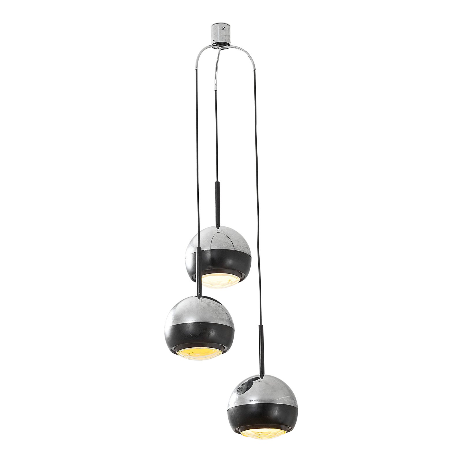 20th Century Stilnovo Chandelier with 3 Pendants mod. 1236 in Metal and Glass 60 For Sale