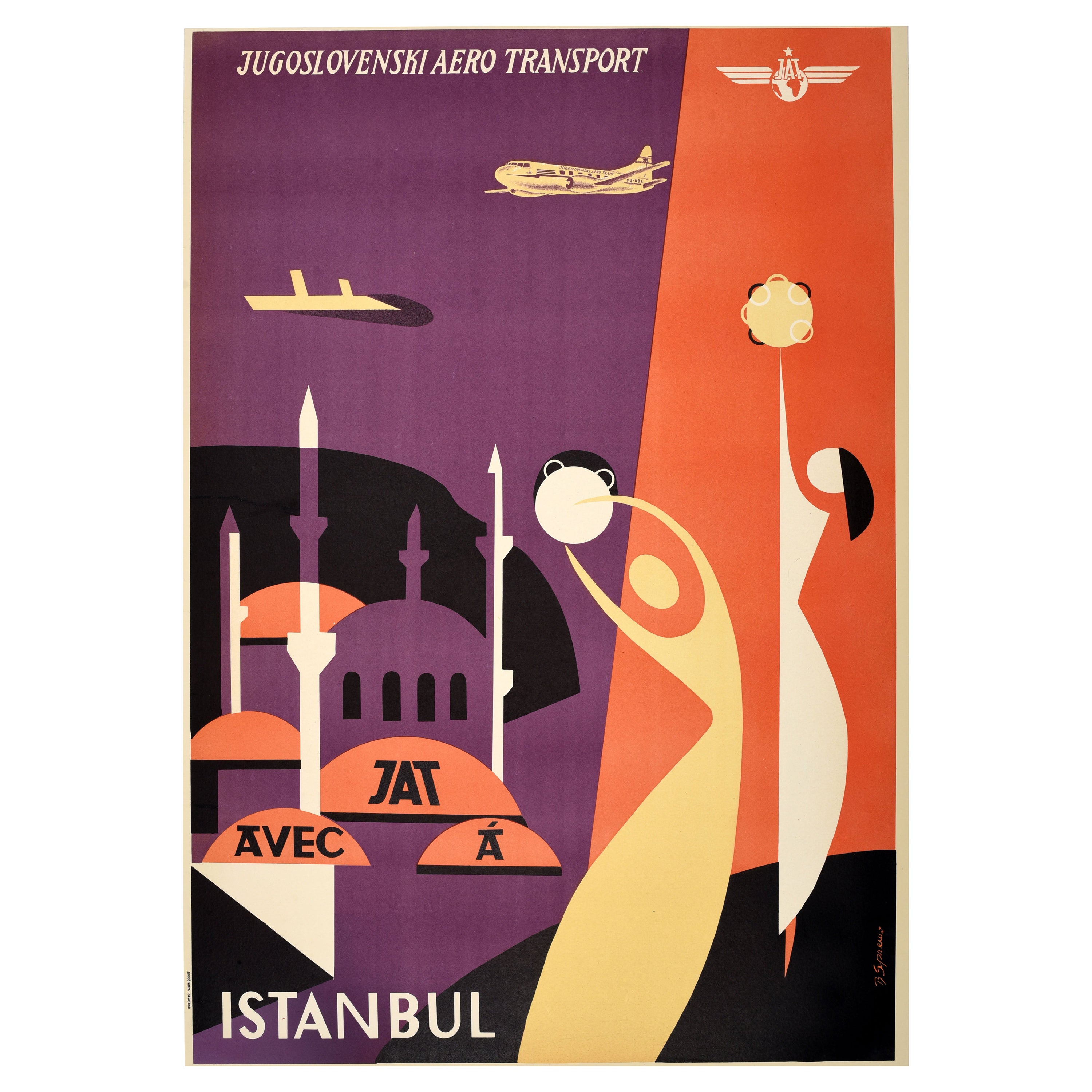 Original Vintage Travel Poster Istanbul JAT Airline Jugoslovenski Aero Transport