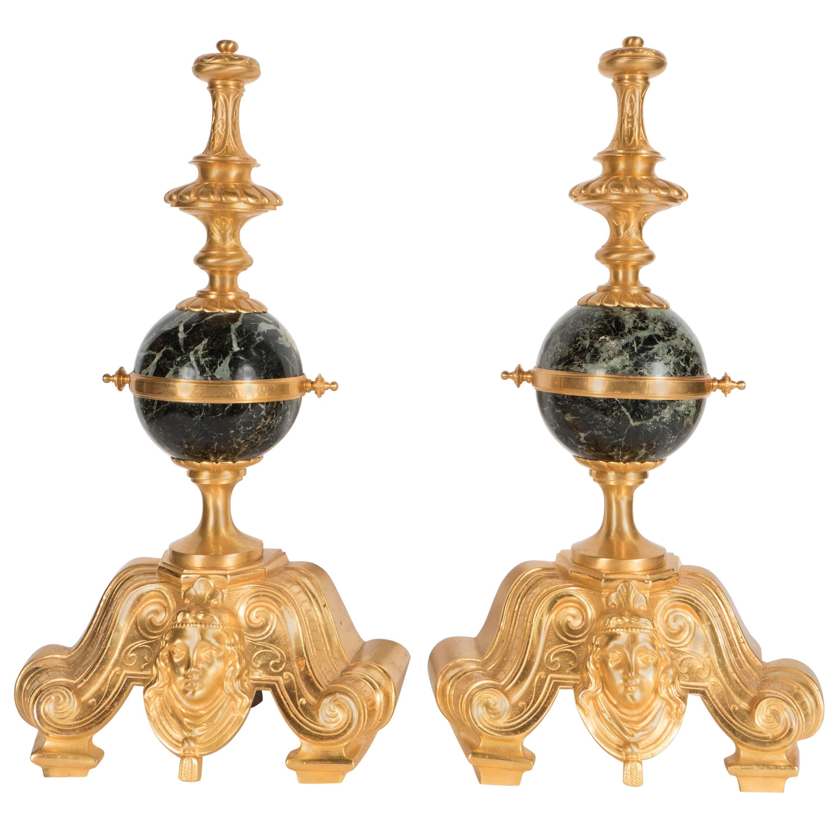 Exquisite Pair of Louis XV Andirons /Chenets in Gilded Bronze and Exotic Marble