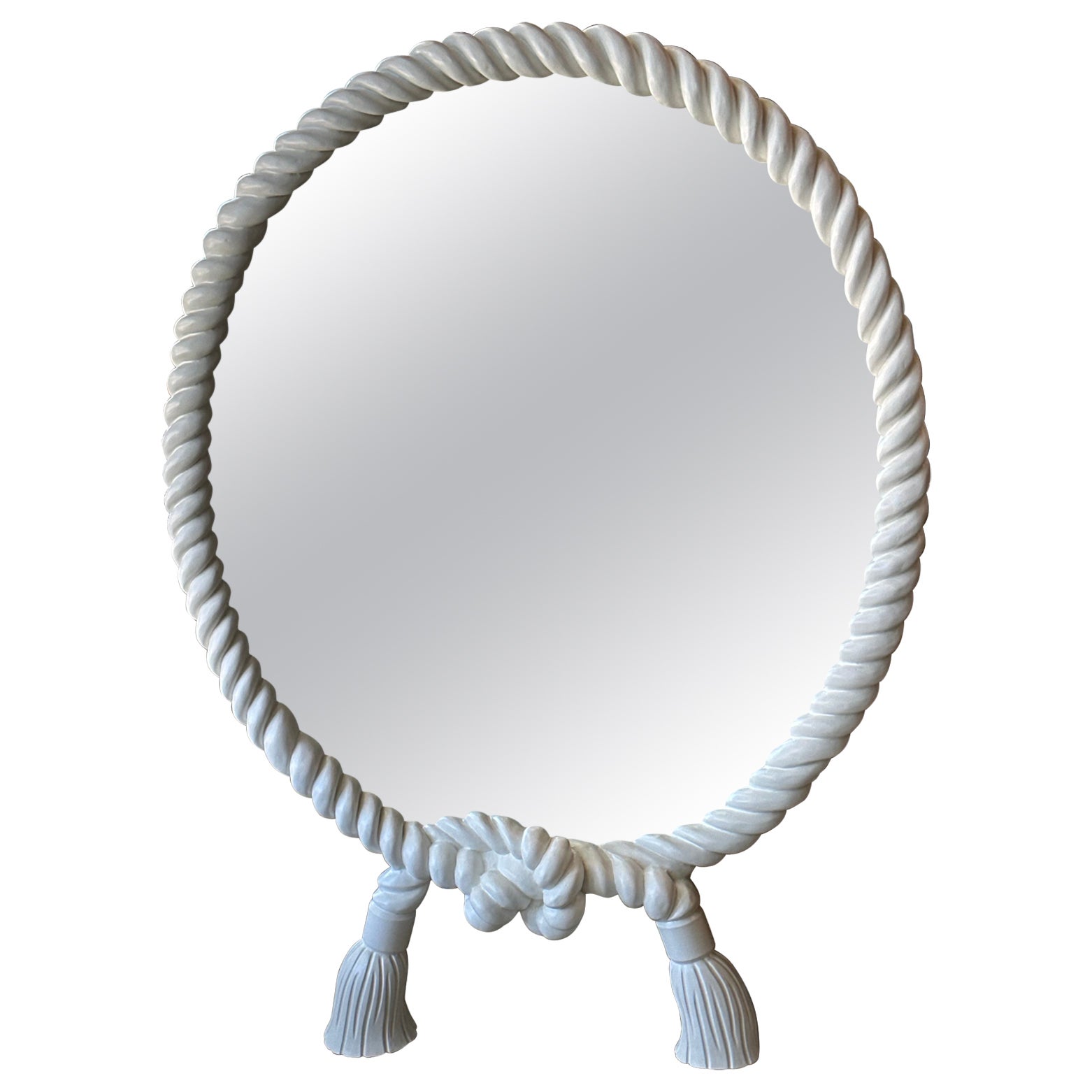 Miroir vintage laqué blanc, corde ronde torsadée et glands 