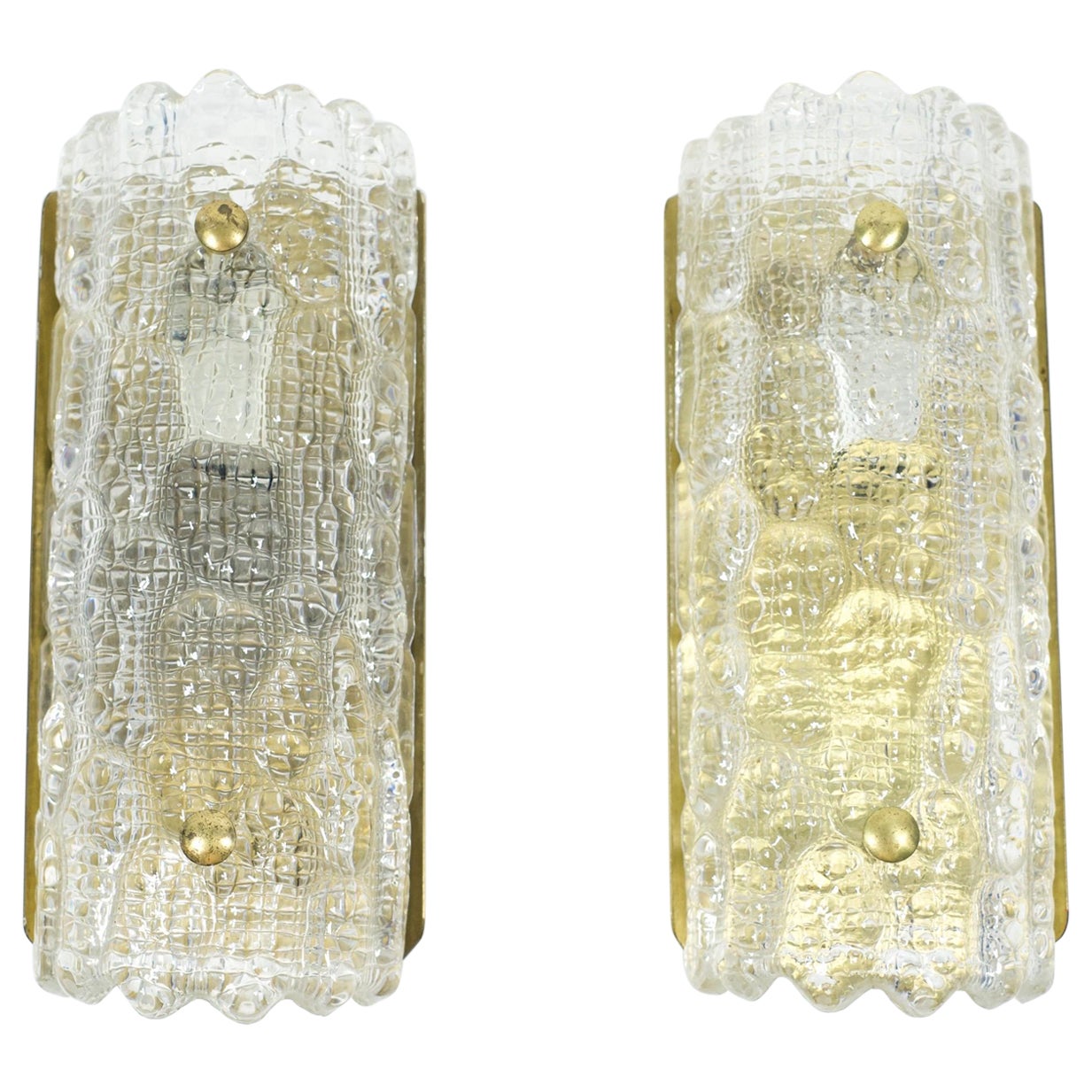 Pair of Orrefors Sconces Brass and Crystal Glass Shades by Orrefors Sweden, 1970 For Sale