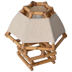 Louis Sognot Hexagonal Table Lamp in Rattan and Beige Fabric, France 1960s