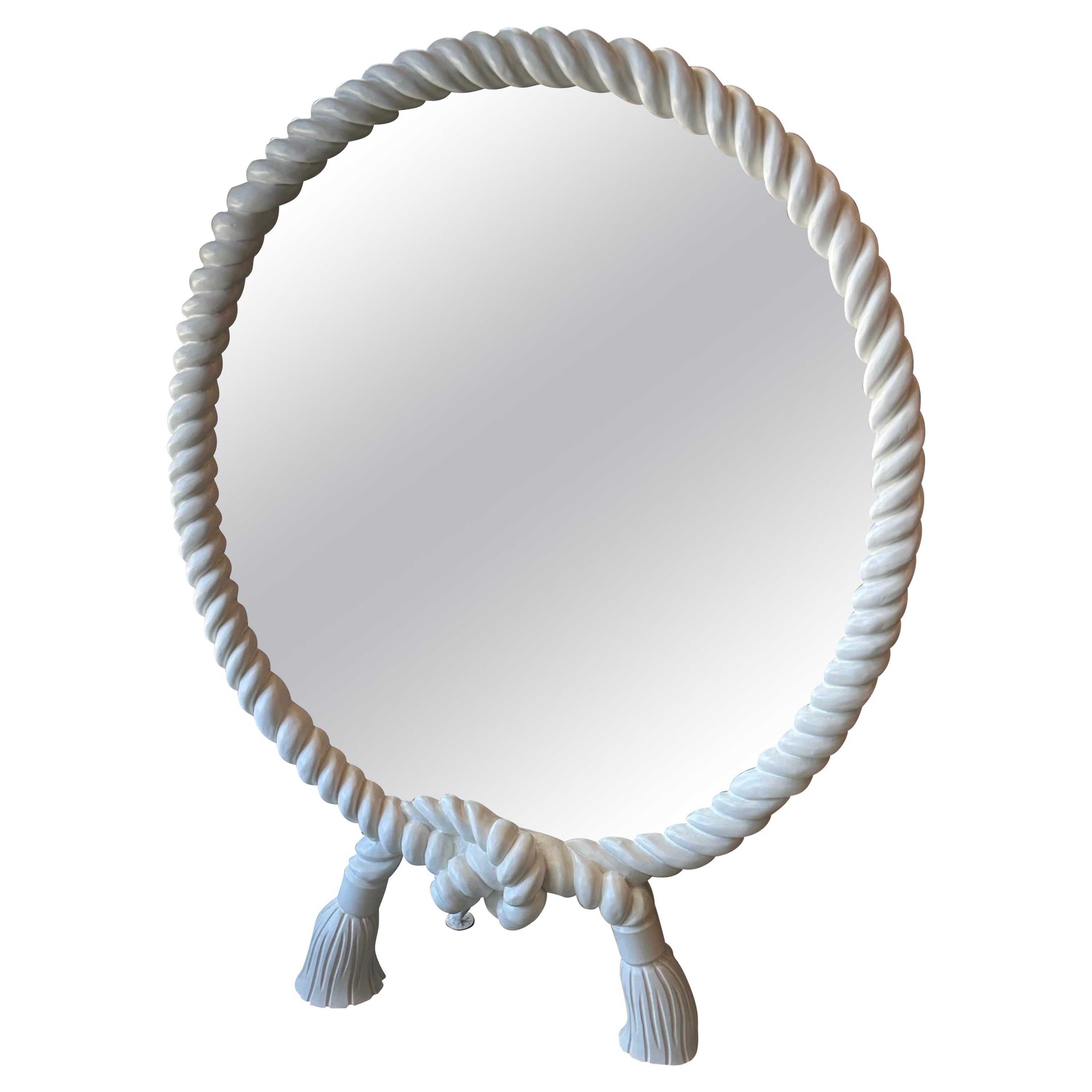 Vintage Twisted Round Rope & Tassel White Lacquered Wall Mirror Pair Available  For Sale