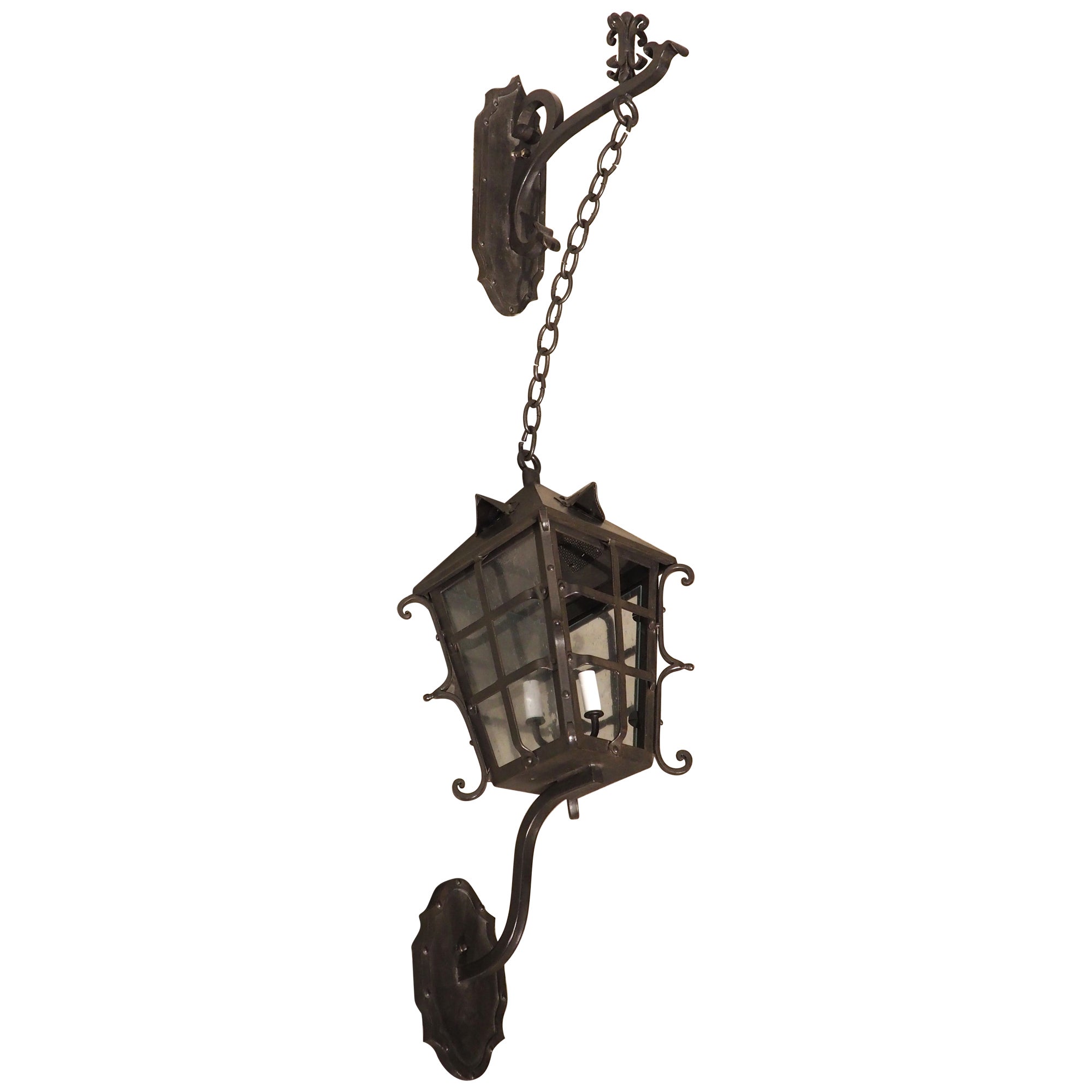 Montilla Wrought Iron Lantern with Chained Wall Mount For Sale
