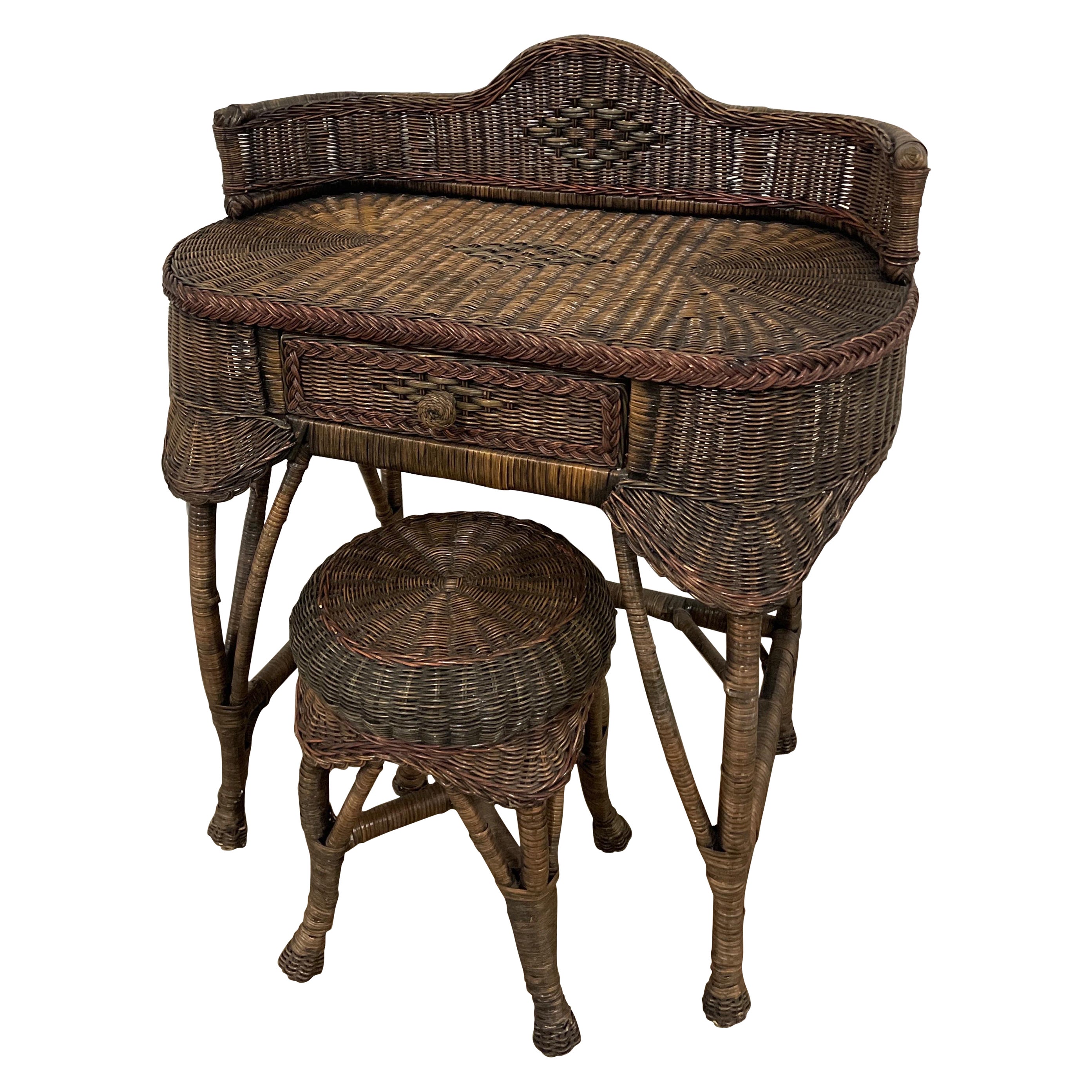 Vintage Wicker Dressing Table / Desk with Stool For Sale