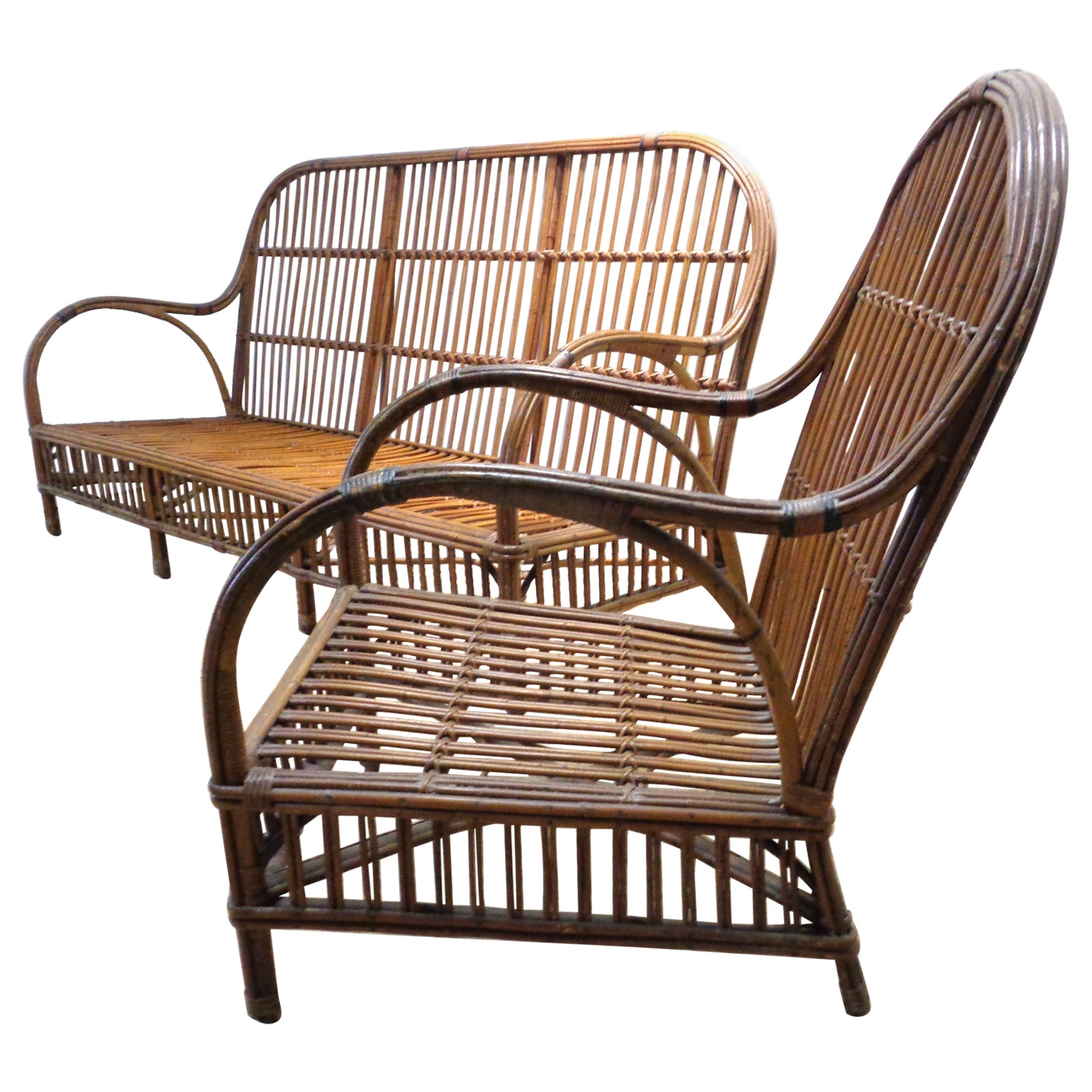 American Natural Stick Wicker Settee and Matching Armchair, Circa 1930
