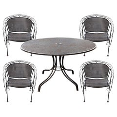 Retro Russell Woodard Black Wrought Iron Patio Set with Table and 4 Chairs