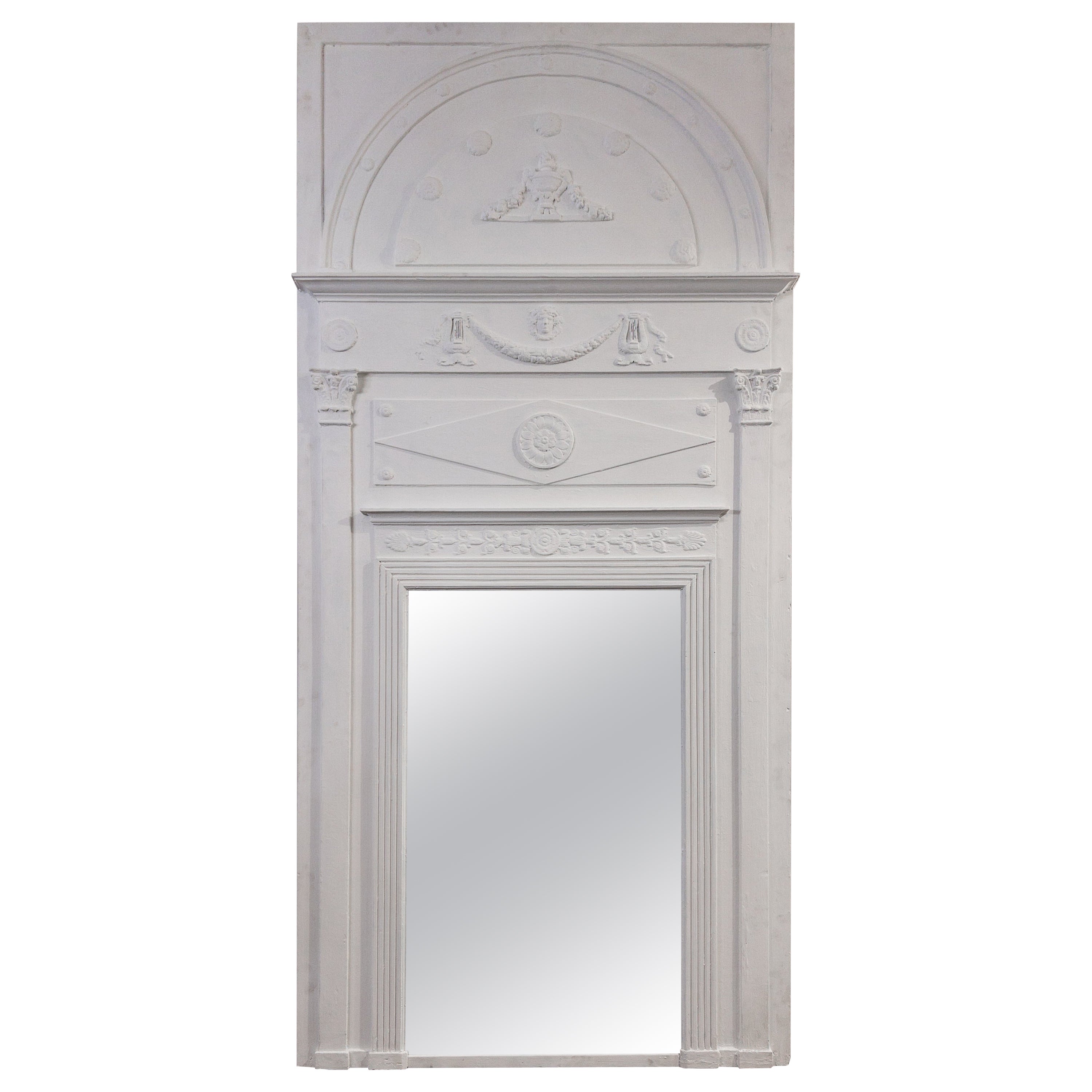 Louis XVI Style White Painted Trumeau Mirror For Sale