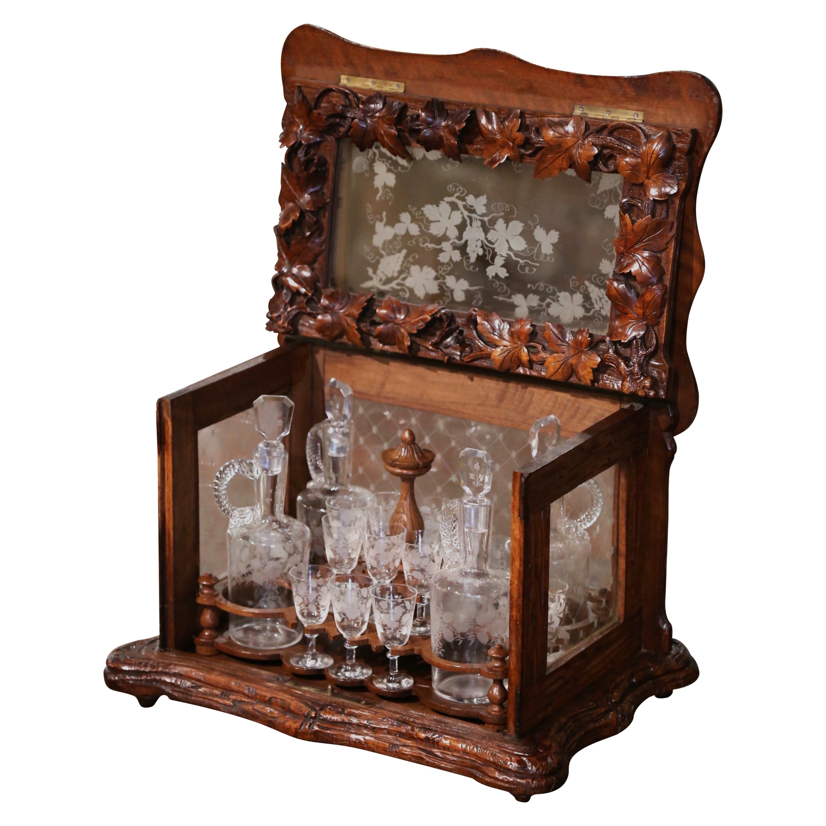 19th Century French Black Forest Carved Walnut and Glass Complete Liquor Box For Sale