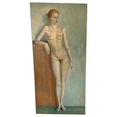 Mid Century French Life Size Figurative Nude Female Portrait Original Oil Painti