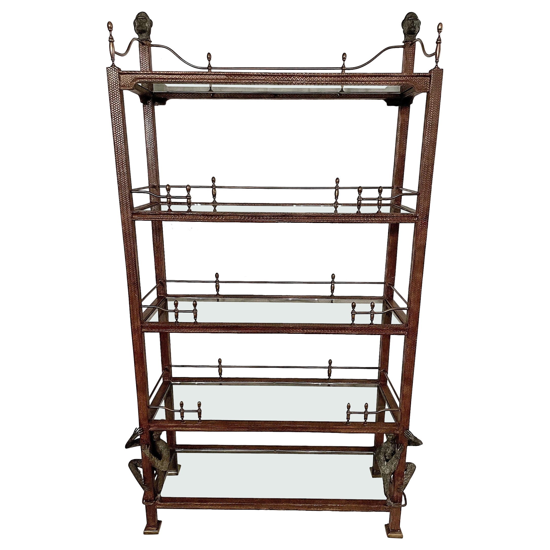 Maitland - Smith Regency Bookcase 5 Shelf Etagere Leather With Brass Rails Finia For Sale