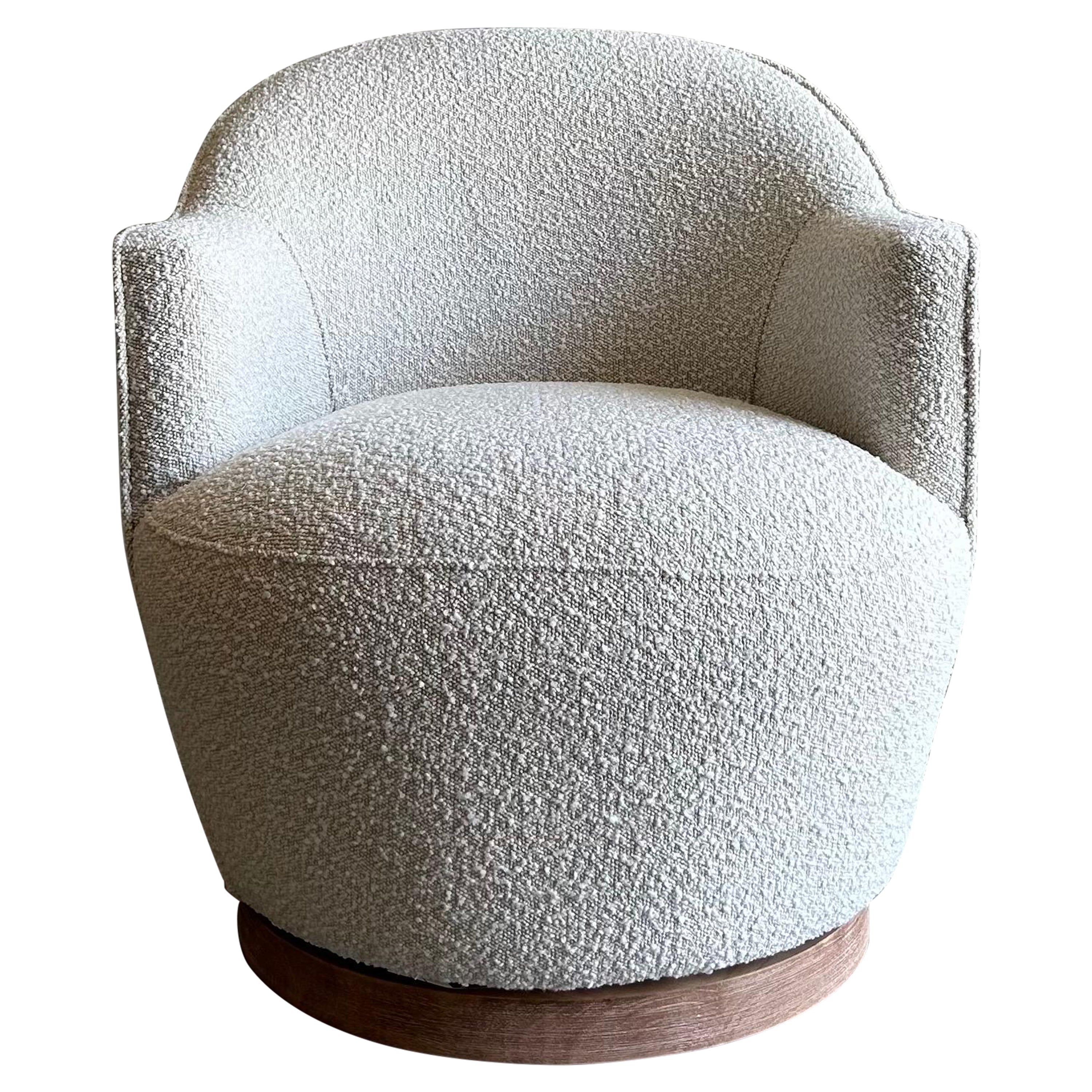 Swivel Chair in Creamy White Boucle with Wood Trim Base For Sale