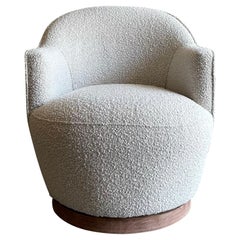 Swivel Chair in Creamy White Boucle with Wood Trim Base
