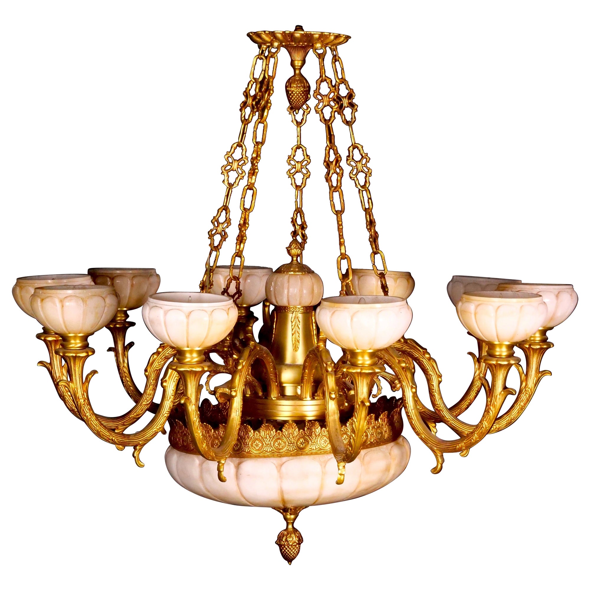 Very Impressive Gilt Bronze Mounted Glass Alabaster Shades Ten Light Chandelier For Sale