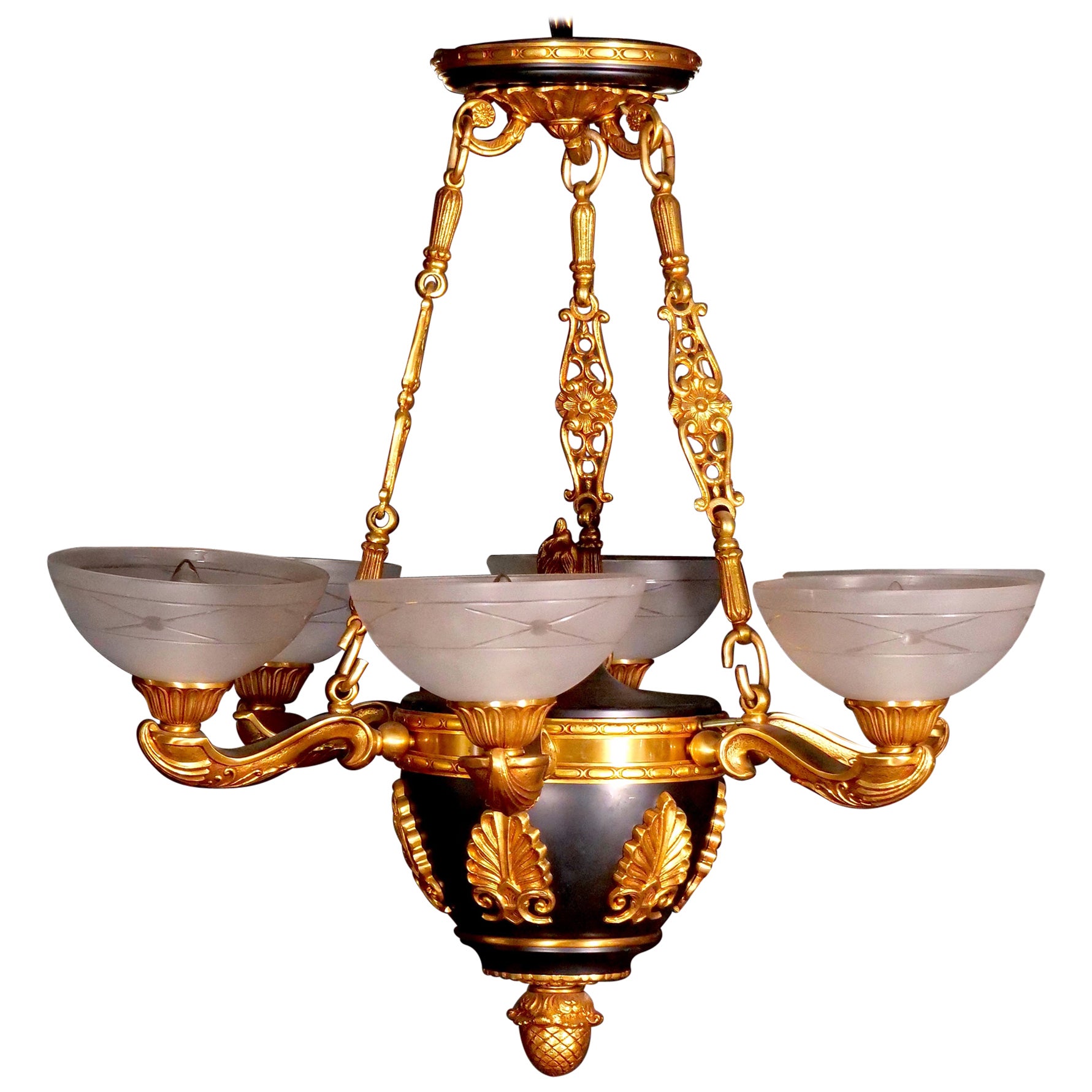 19th Century French Bronze Ormolu Mounted / Patinated Empire Style Chandelier