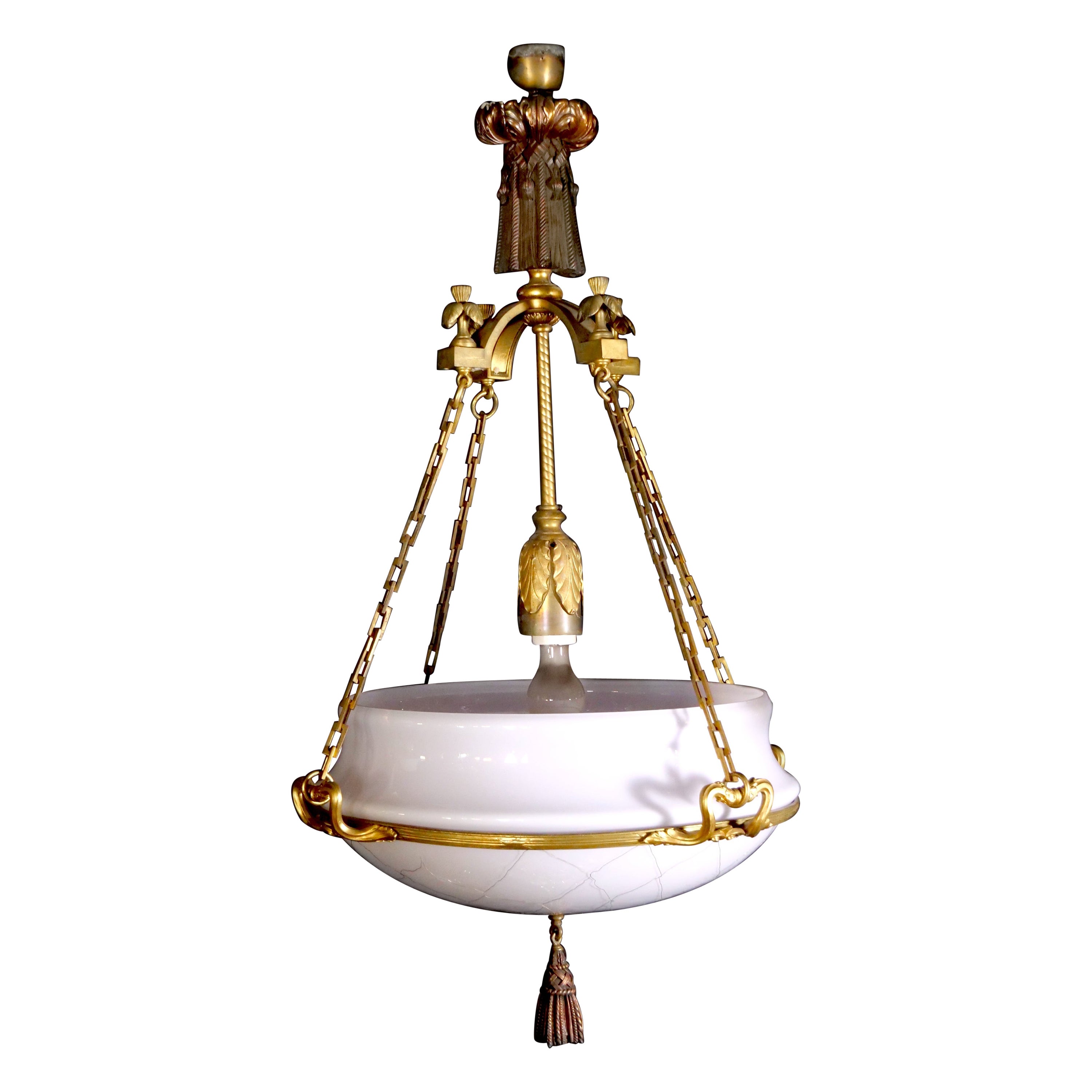 Impressive & Large Gilt Bronze / Art Glass Holding Base Chandelier For Sale