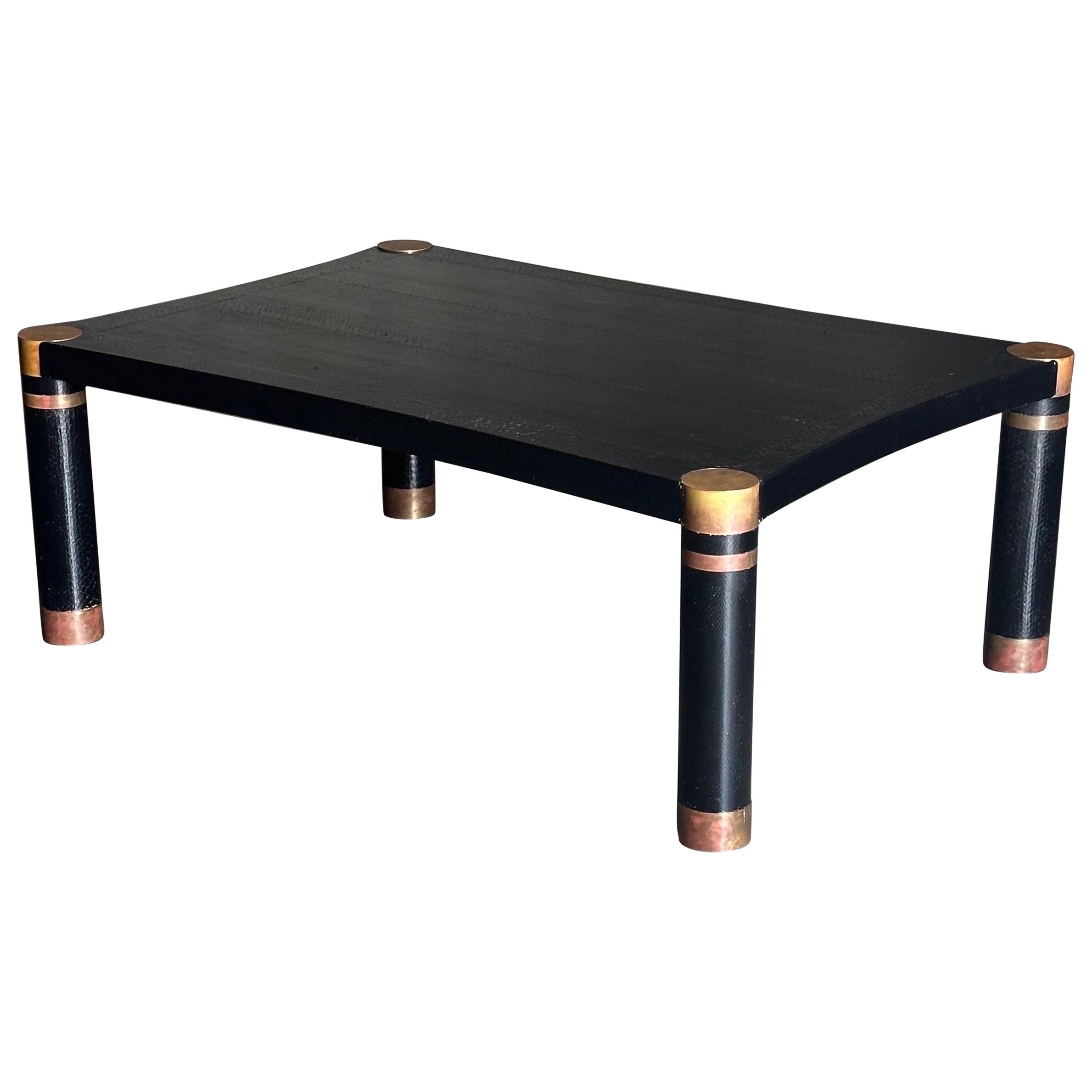 Karl Springer Exotic Leather and Patinated Brass Coffee Table For Sale