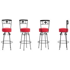 Used Hollywood Regency Wrought Iron Fleur-De-Lis Barstools 1960s - a Set of 4