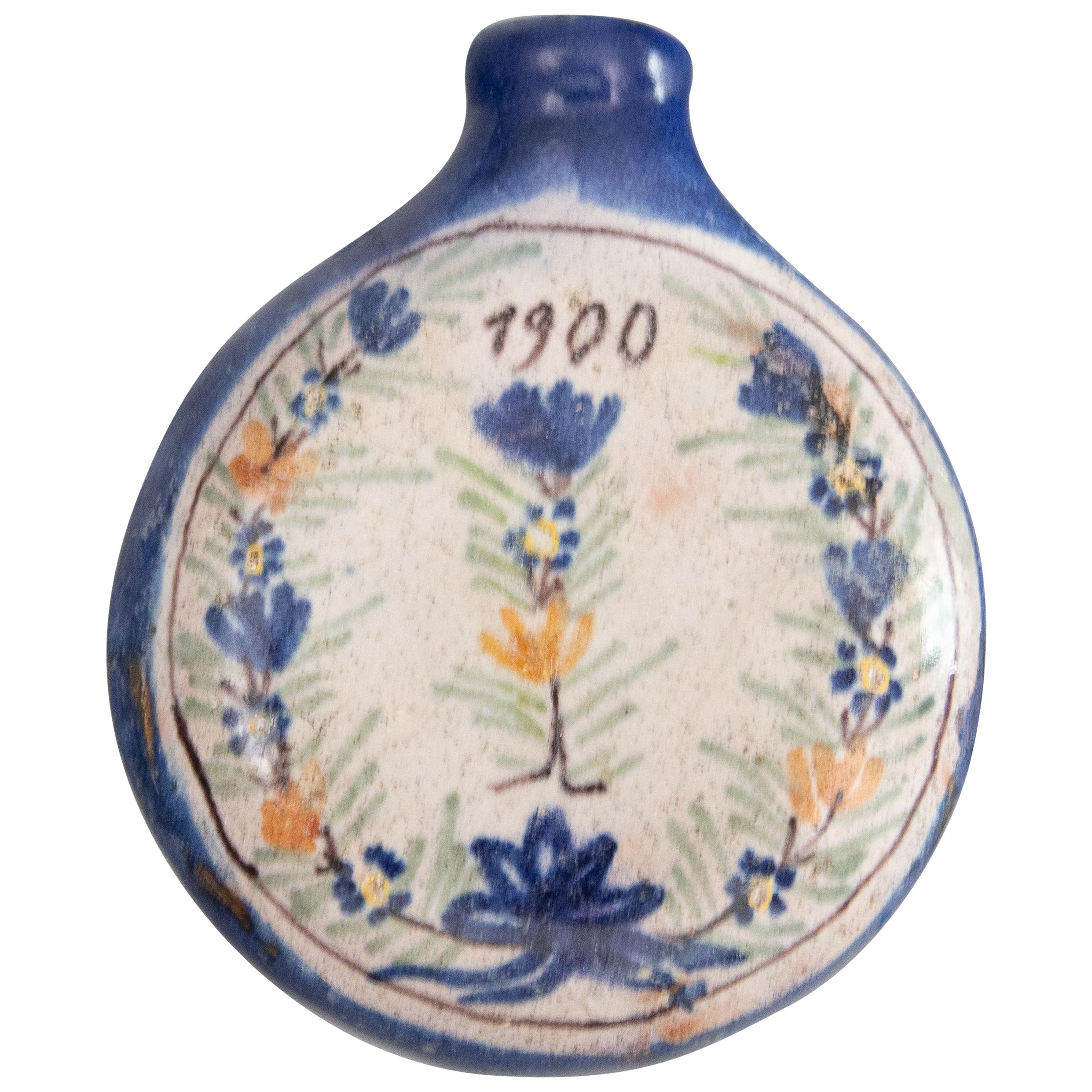 Antique French Quimper Faience Snuff or Perfume Bottle Dated 1900 For Sale