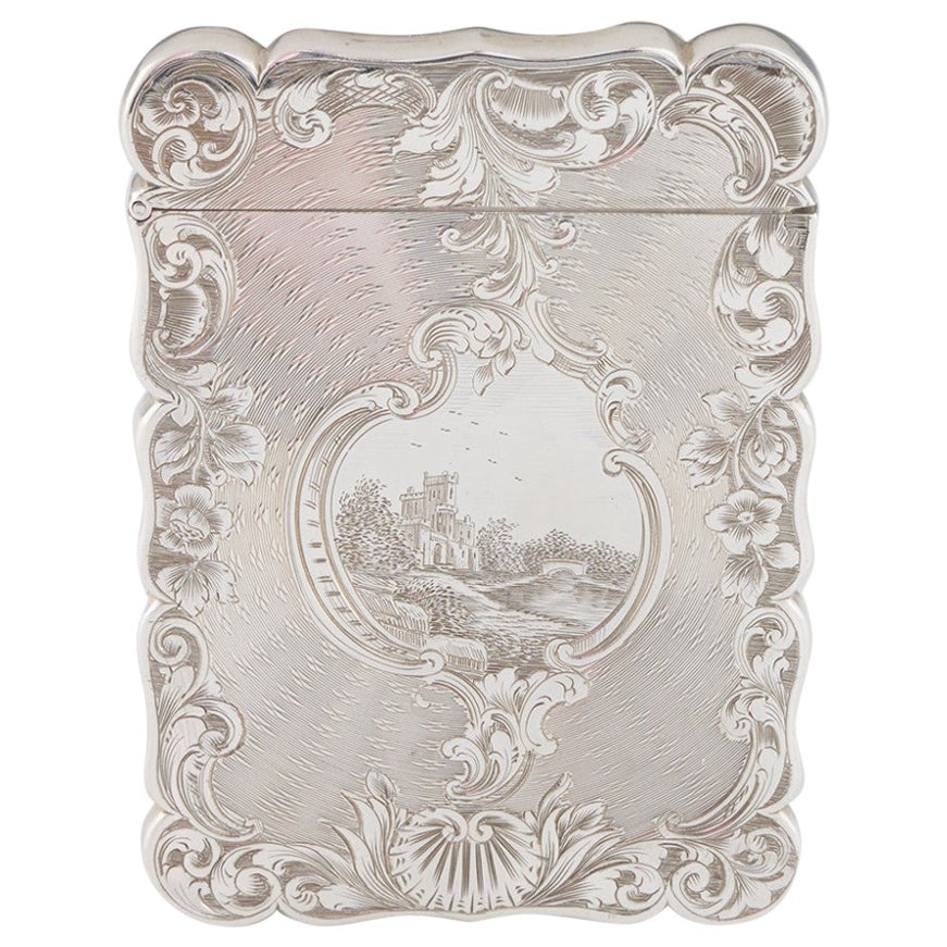 Edward Smith Sterling Silver Card Case with Engraved Castle Birmingham 1844 For Sale