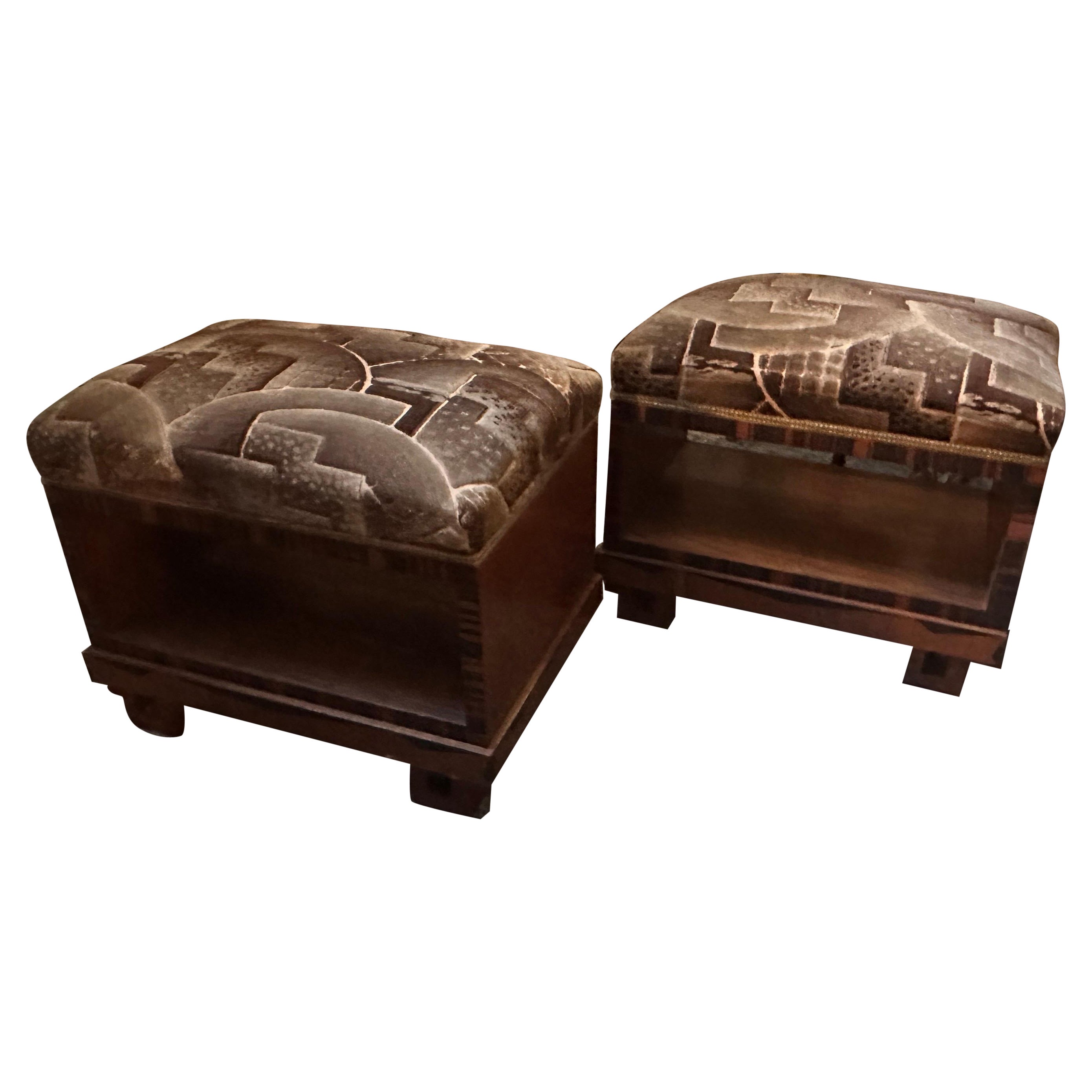 Set of Two 1930s Art Deco Various Wood and Futurist Fabric Italian Poufs