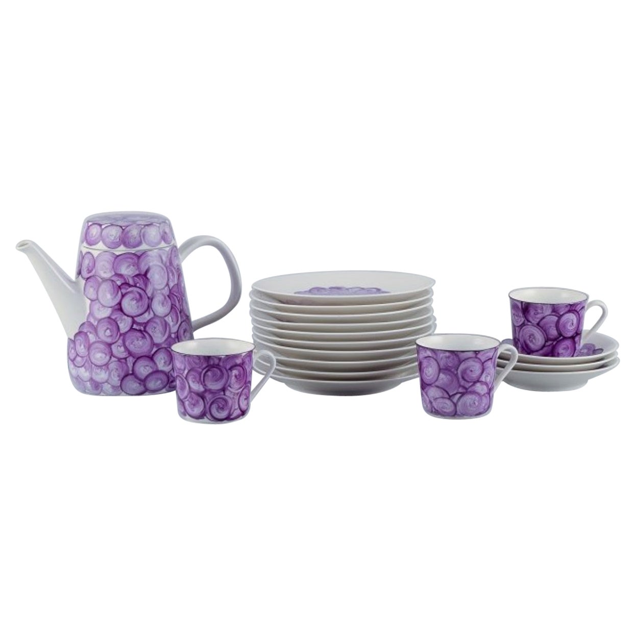 Hand-painted porcelain coffee set in a retro style with violet colors.  For Sale